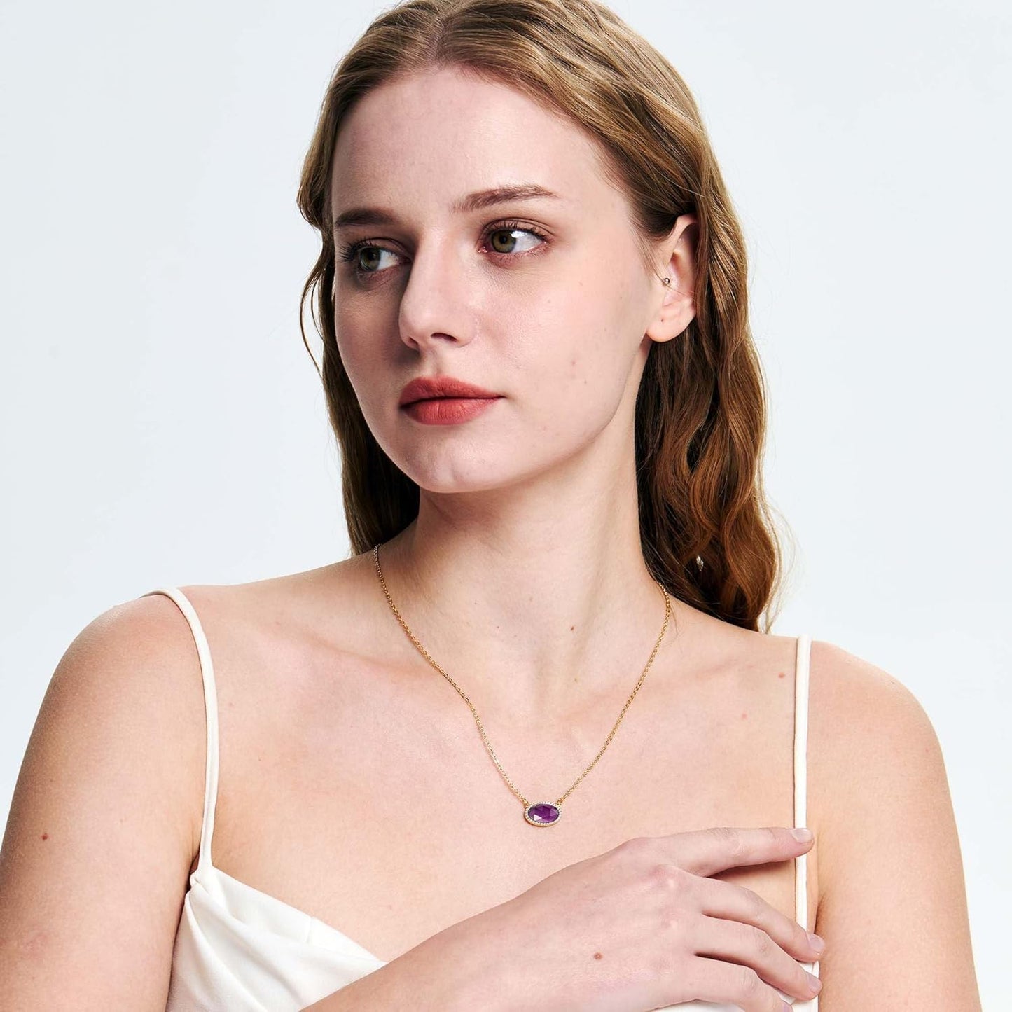 14K Gold Plated Pendant Necklace for Women Oval Cut Gemstone Crystal Pendant Necklaces Birthday Gifts for Women Mom Wife Friends