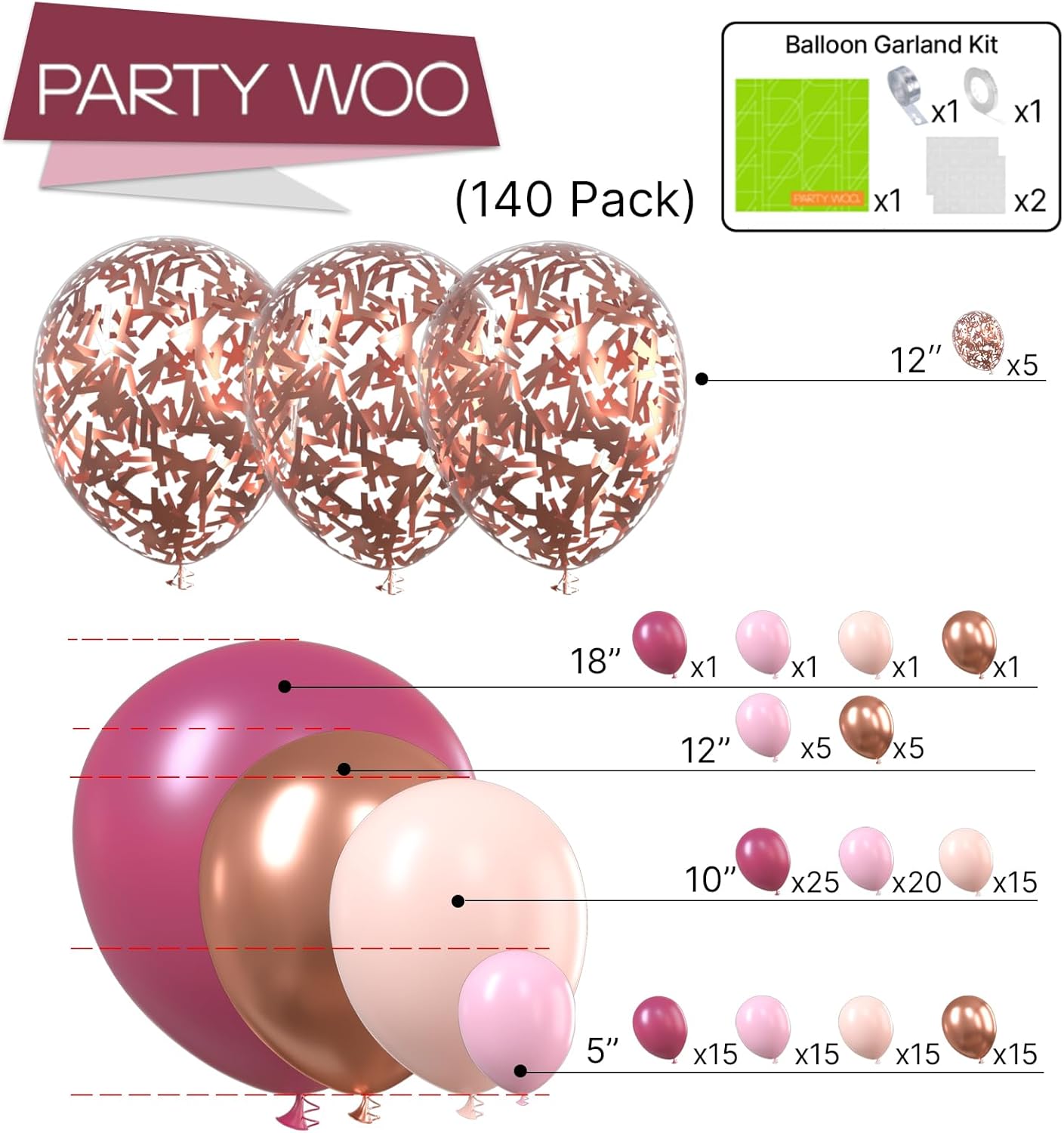 PartyWoo Dusty Rose Balloon Arch Kit, 140 pcs Pink Balloon Garland Kit, Rose Gold Balloons, Metallic Balloons for Dusty Pink Birthday Decorations Women, Bridal Shower, Wedding, Bachelorette Party