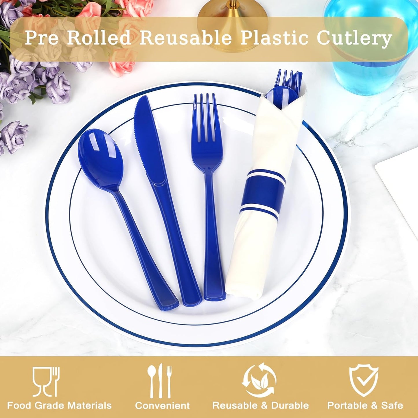 50 Pack Pre Rolled Blue Plastic Silverware Set,Wrapped Plastic Cutlery Set with Napkin Include 50 Forks,50 Spoons,50 Knives and 50 White Napkins for Party,Wedding