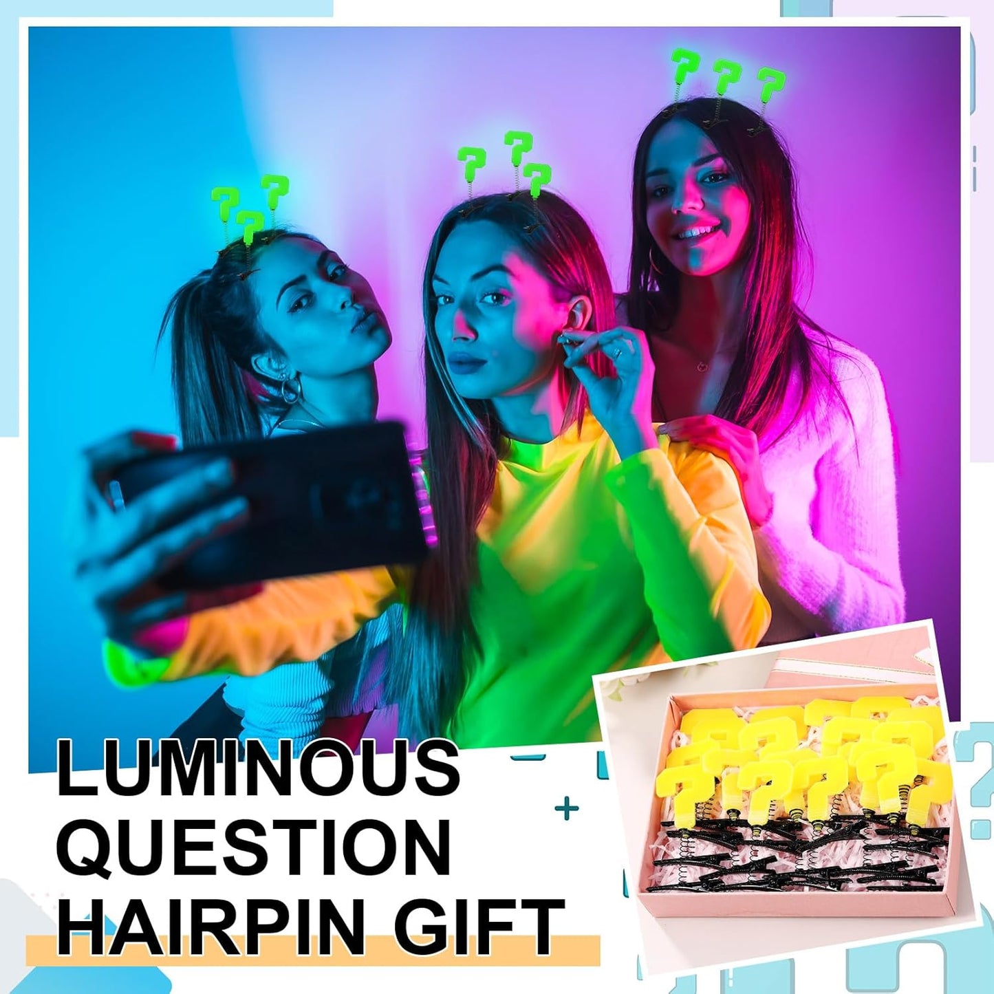 30 Pcs Mini Glow Hair Clips Girls Rave Hair Clips for Women Christmas Music Festival Holiday Party Supplies (Question Mark)