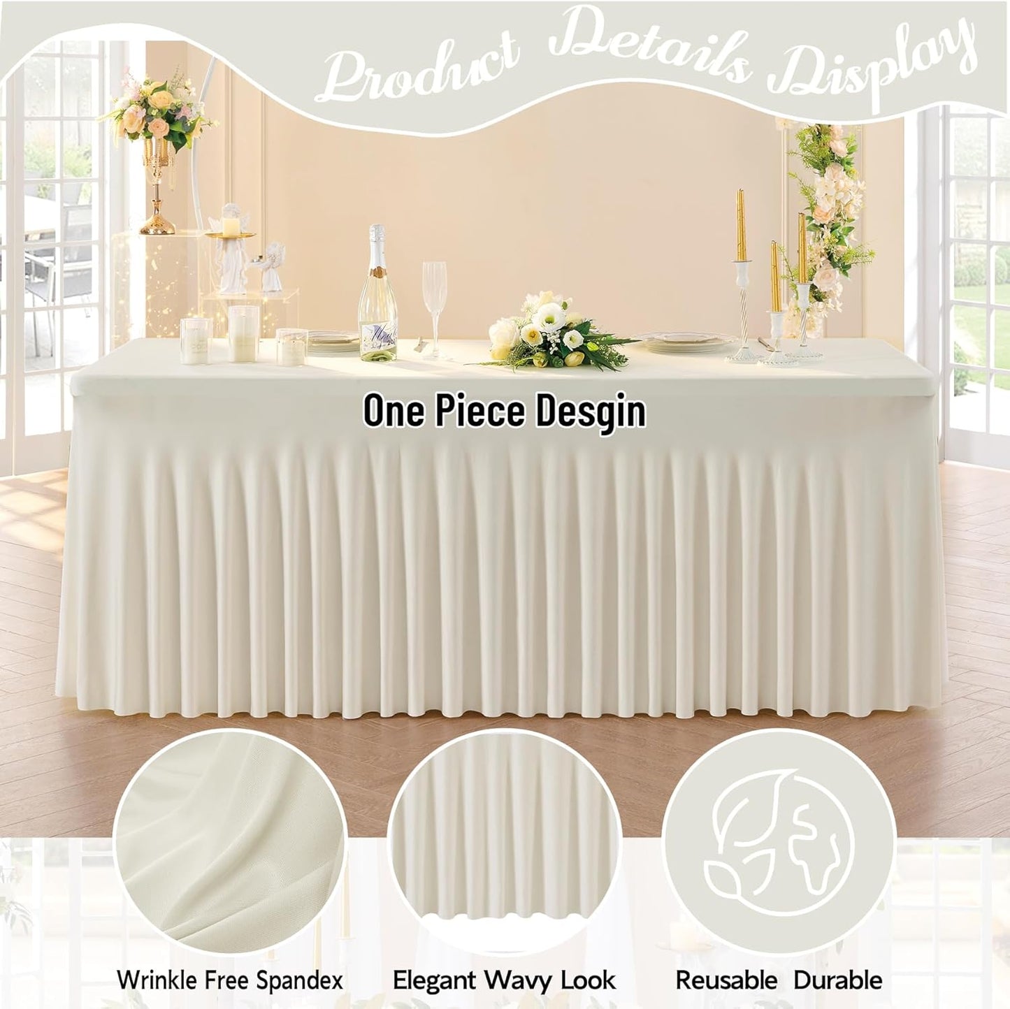 Leegleri 6 Pack Ivory Spandex Table Clothes for 8ft Rectangle Tables, Wrinkle Free Fitted Tablecloths for Parties, Weddings, Banquets, Baby Showers