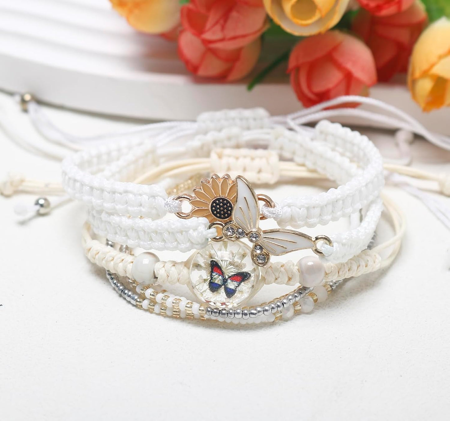 DS 4PCS String beads Charm Bracelets for Teen Girls Dainty cute cartoon Butterfly Daisy Eternal flower Beads Bracelets set for woman and girls Adjustable Stretch bracelet birthday Gift For Friends