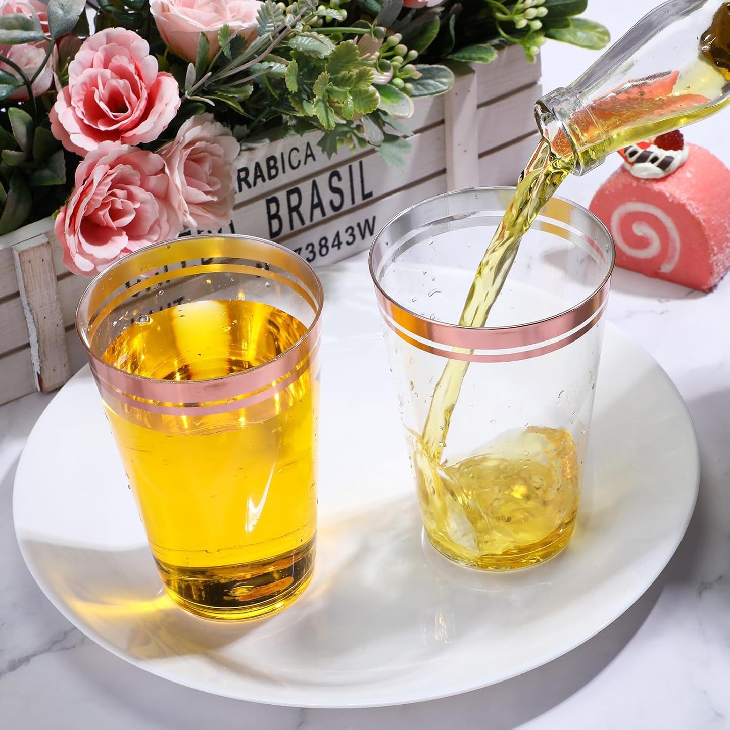 Sliner 50 Pcs Hard Plastic Cups Double Rimmed Plastic Cups Heavy Duty Fancy Disposable Wine Glasses for Holiday Wedding Graduation Birthdays Christmas Valentine Parties(14 Oz,Rose Gold)