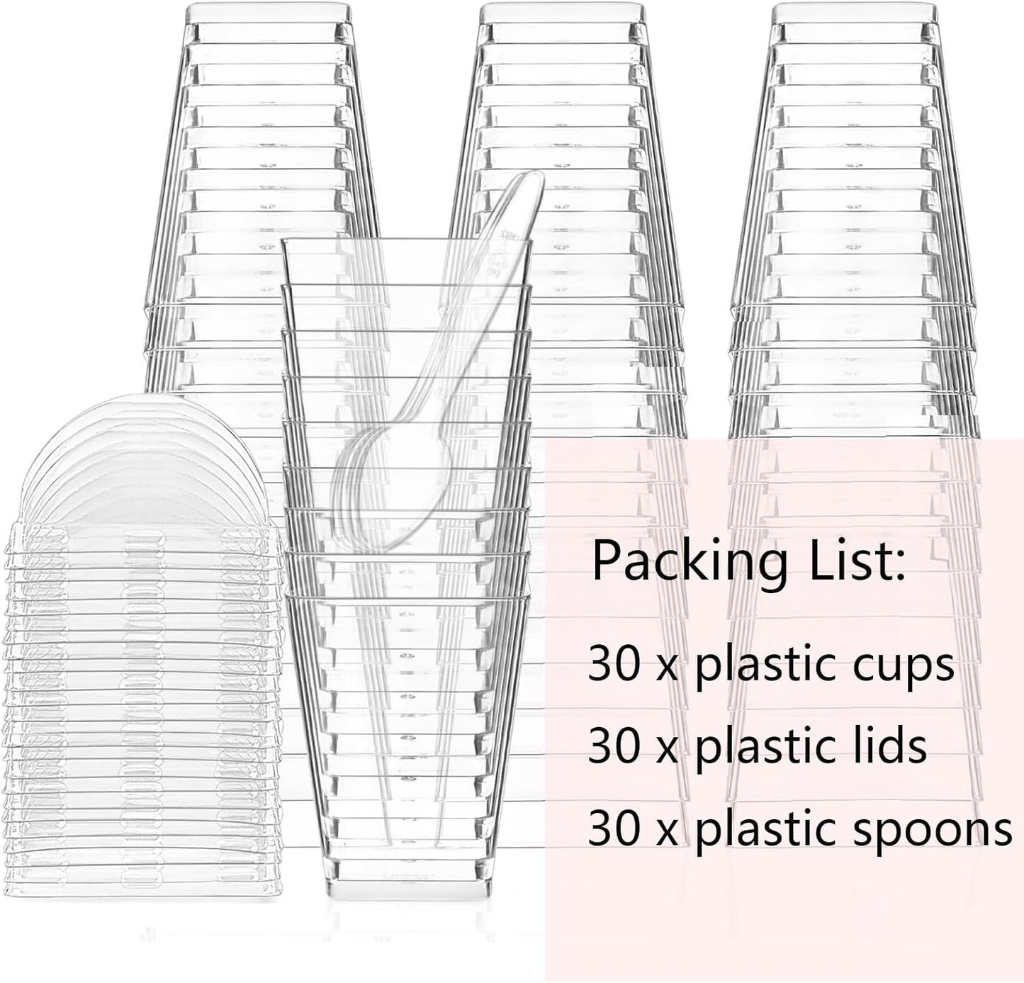 30Pack 5oz Plastic Dessert Cups with Lids and Spoons, Square Clear Parfait Appetizer Cups, Mini Reusable Shooter Serving Cups, Party Dessert Shot Glasses for Tasting