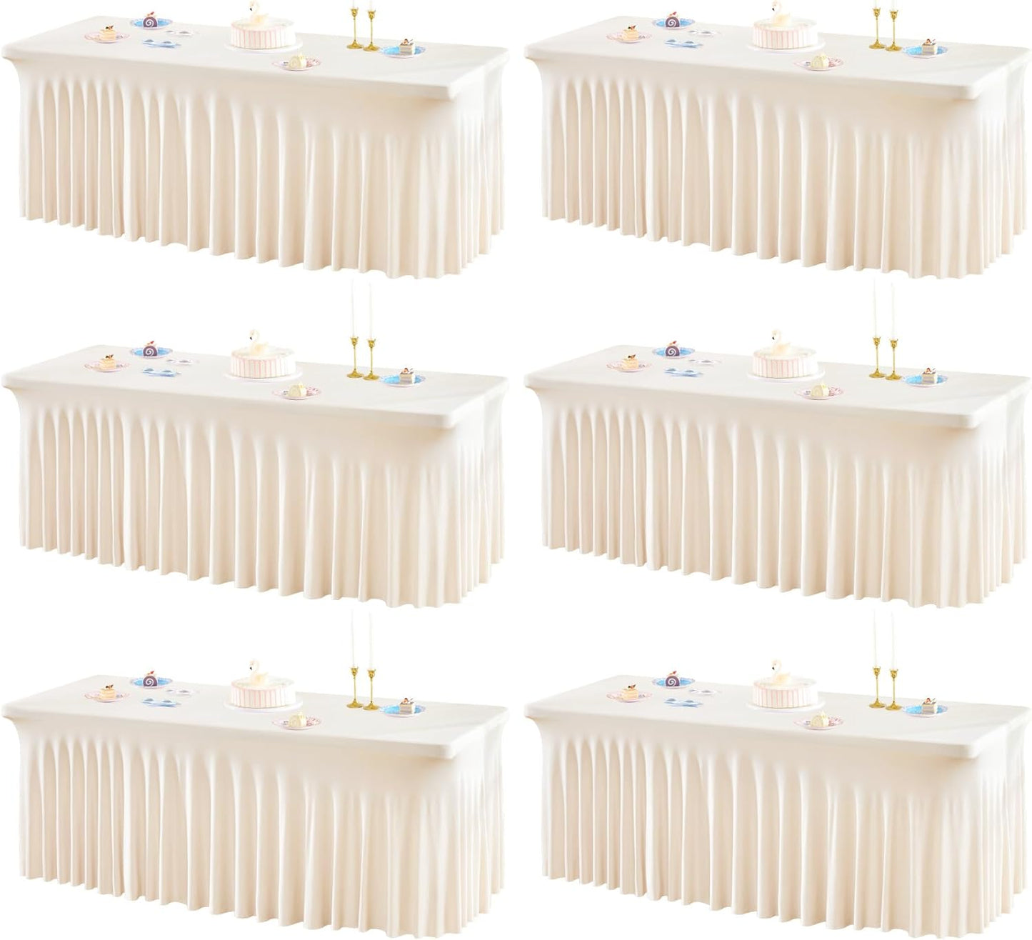 6 Packs Ivory Table Clothes for 8 Foot Rectangle Tables, One-Piece Wrinkle Resistant Stretch Spandex Table Covers with Skirt for Event Banquet Wedding Birthday Party
