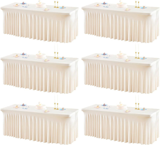 6 Packs Ivory Table Clothes for 8 Foot Rectangle Tables, One-Piece Wrinkle Resistant Stretch Spandex Table Covers with Skirt for Event Banquet Wedding Birthday Party