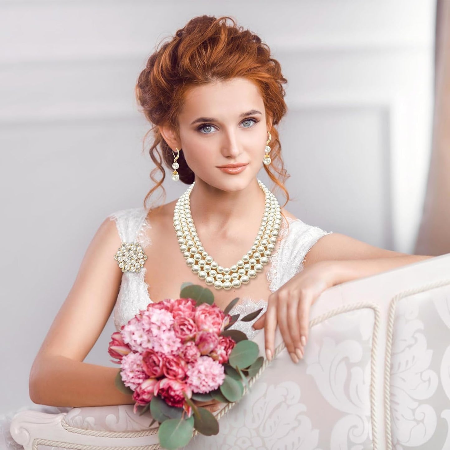 Pearl Jewelry Set for Women Faux Pearl Costume Jewelry Set with Necklace, Bracelets, Ring, Earrings for Wedding Bridal Birthday Tea Party