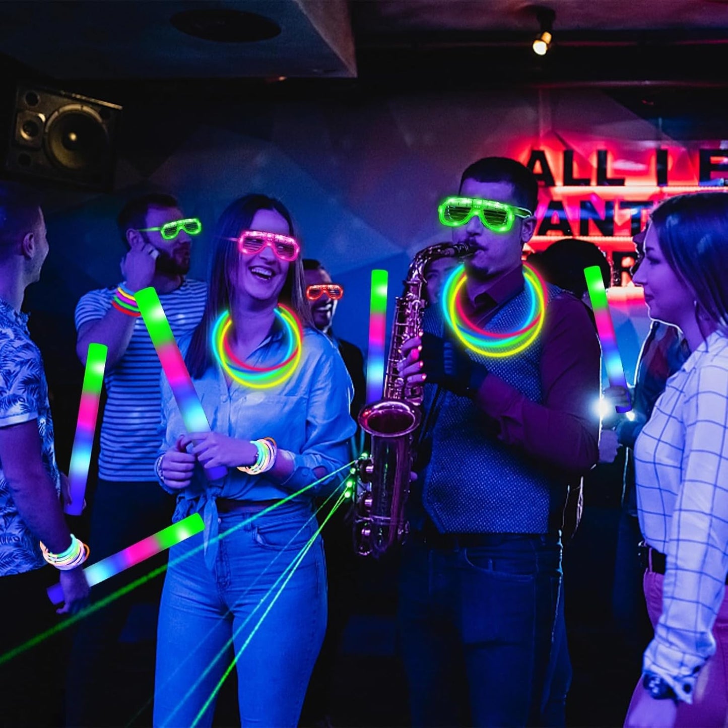 Camlinbo 148 PCS Glow in the Dark Party Supplies- 24 Pcs 16" Foam Glow Sticks, 24 Pcs LED Glasses, 100Pcs Glow Sticks Necklaces Bracelets Light Up Party Favors Pool Party Wedding Concert Halloween