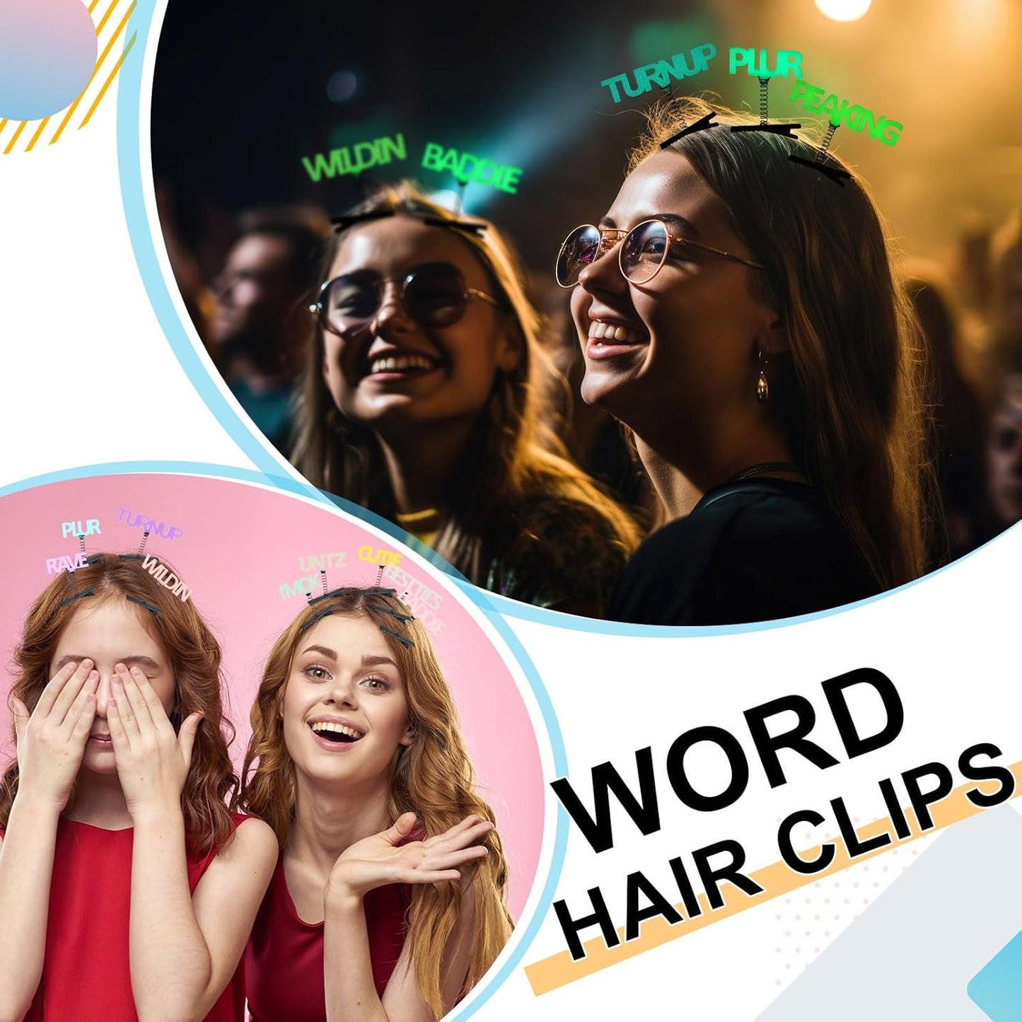 60 Pcs Mini Glow Hair Clips Girls Rave Hair Clips for Women Christmas Music Festival Holiday Party Supplies (Words)