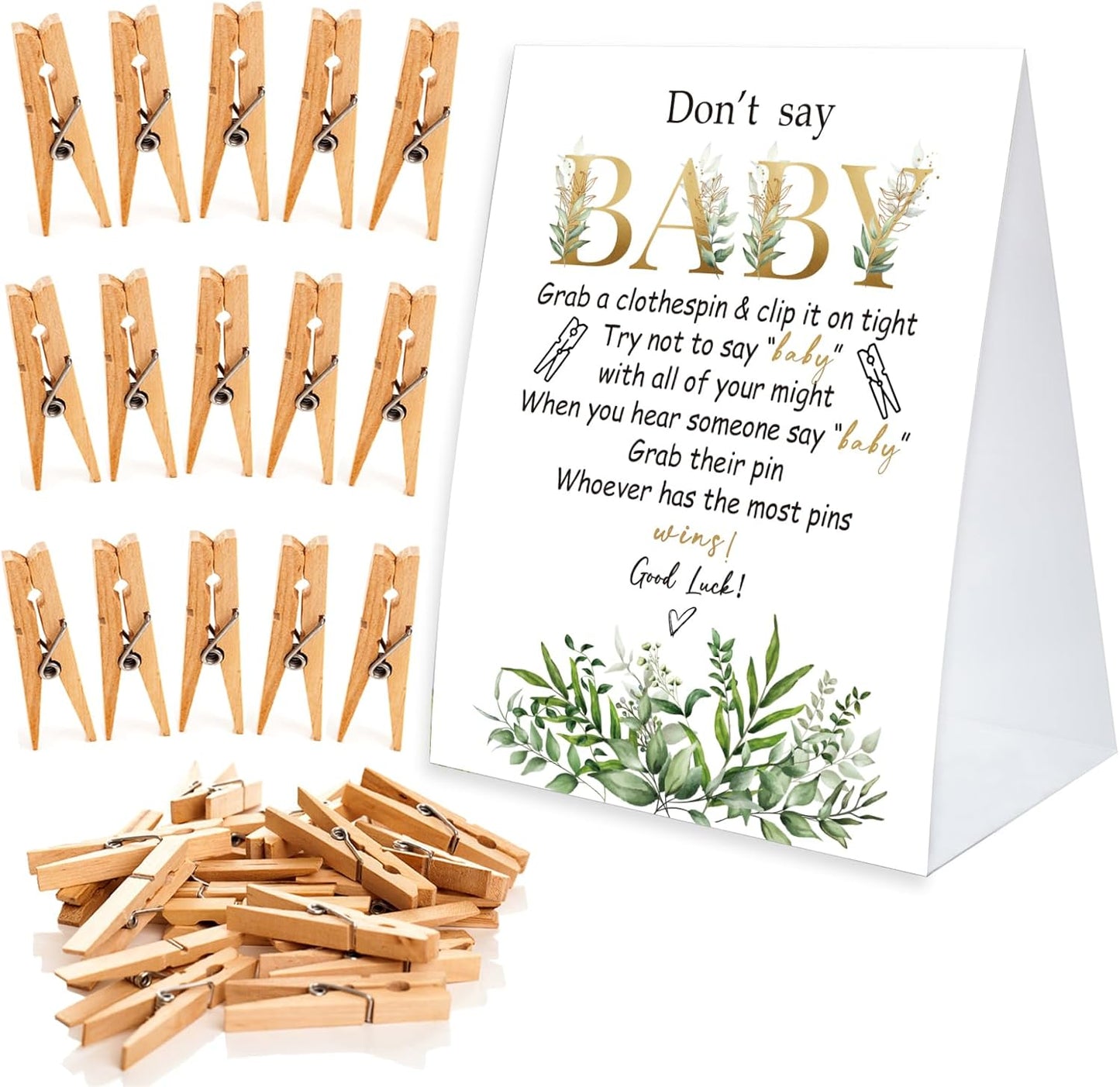 Don't Say Baby Game For Baby Shower Clothespin Game, One 5x7 Coated Paper Sign And 50 Natural Clothespins, Greenery Theme, Gender Neutral -NDSBB41