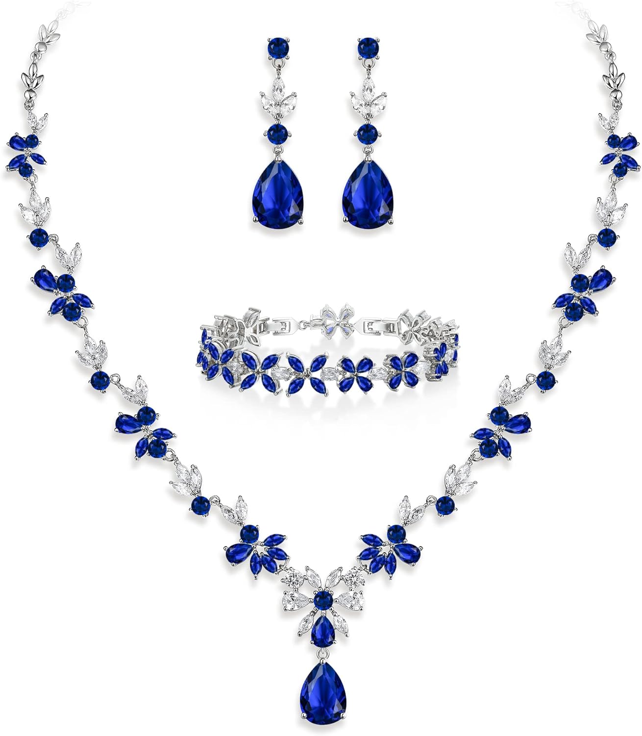 Crysdue Wedding Jewelry Set for Women, Floral Leaf Vine Teardrop Necklace Dangle Earrings Bracelet and Hair Comb, Cubic Zirconia Elegant Party Prom Jewellery for Bridal Bridesmaid