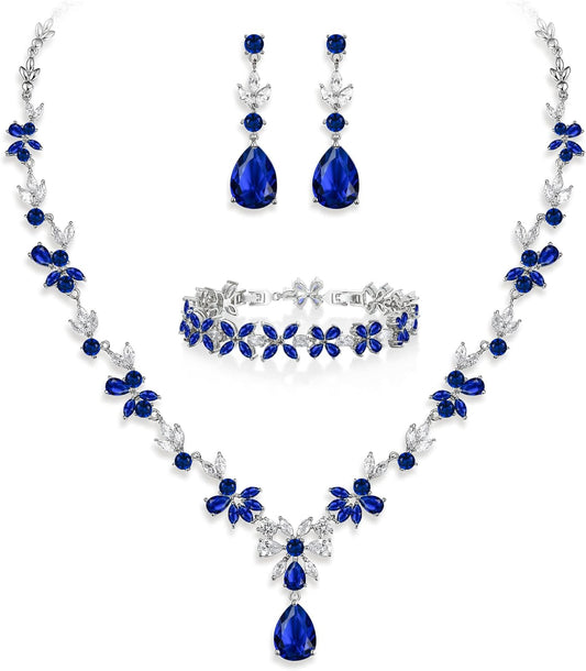 Crysdue Wedding Jewelry Set for Women, Floral Leaf Vine Teardrop Necklace Dangle Earrings Bracelet and Hair Comb, Cubic Zirconia Elegant Party Prom Jewellery for Bridal Bridesmaid