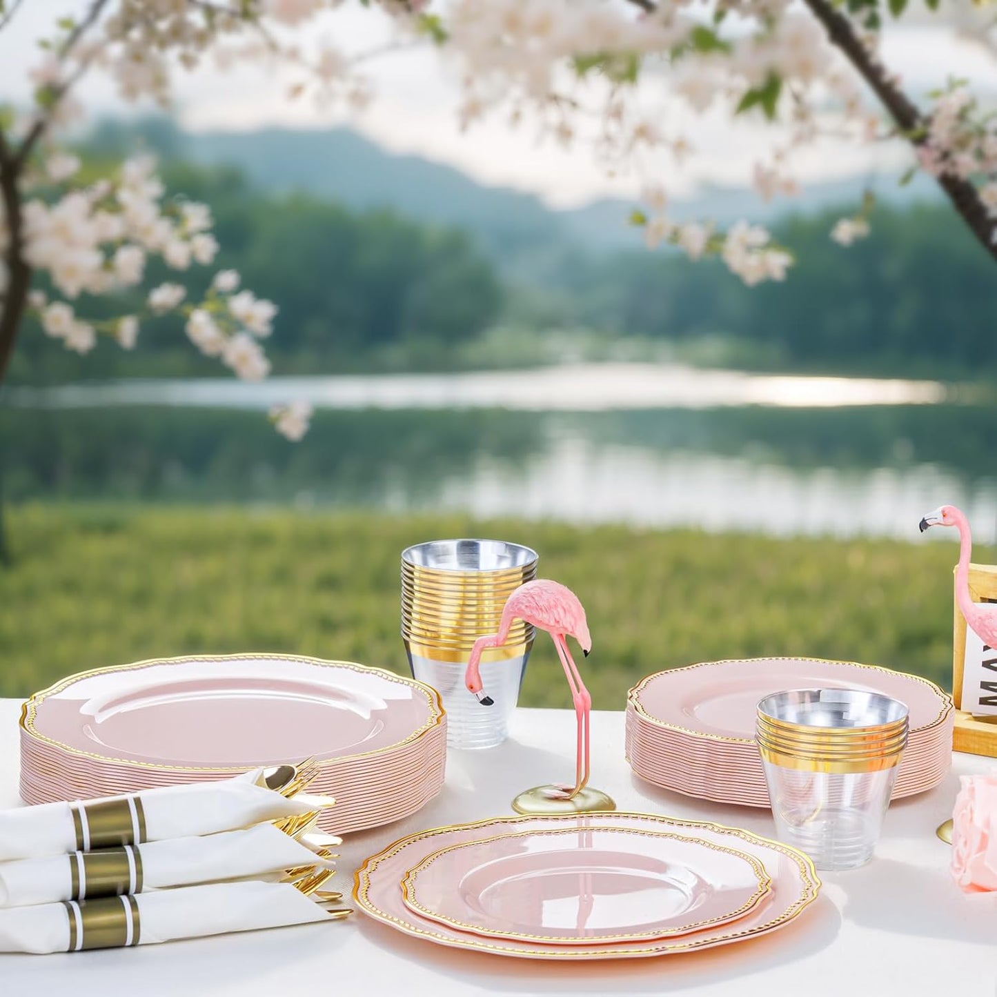 Hioasis 175pcs Pink and Gold Plastic Plates - Pink Plastic Dinnerware Set Includes 25 Dinner Plates, 25 Dessert Dinnerware, 25 Cups, 25 Napkins Perfect for Wedding & Party