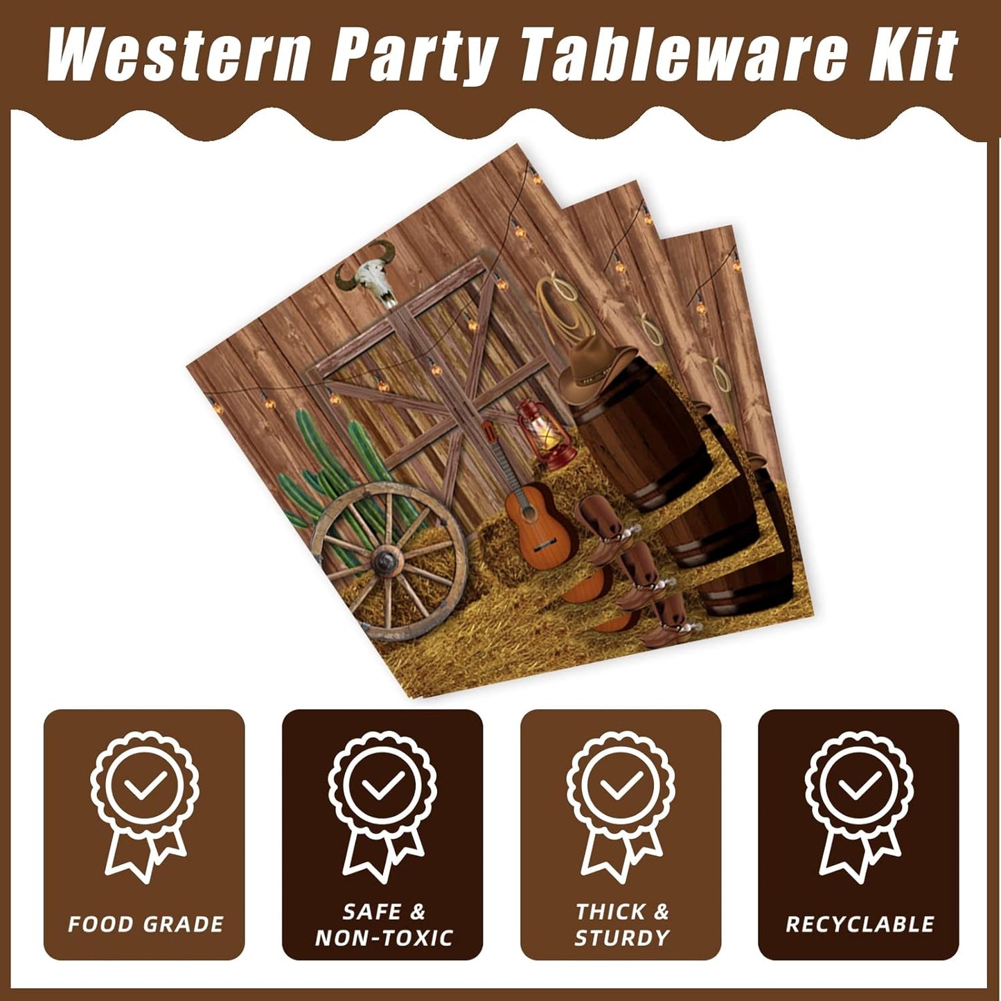 96 Pcs Western Party Plates, Western Cowboy Birthday Party Decorations Supplies Rustic Wild West Birthday Party Paper Plates Napkins Wooden House Barn Door Baby Shower Tableware, Serves 24