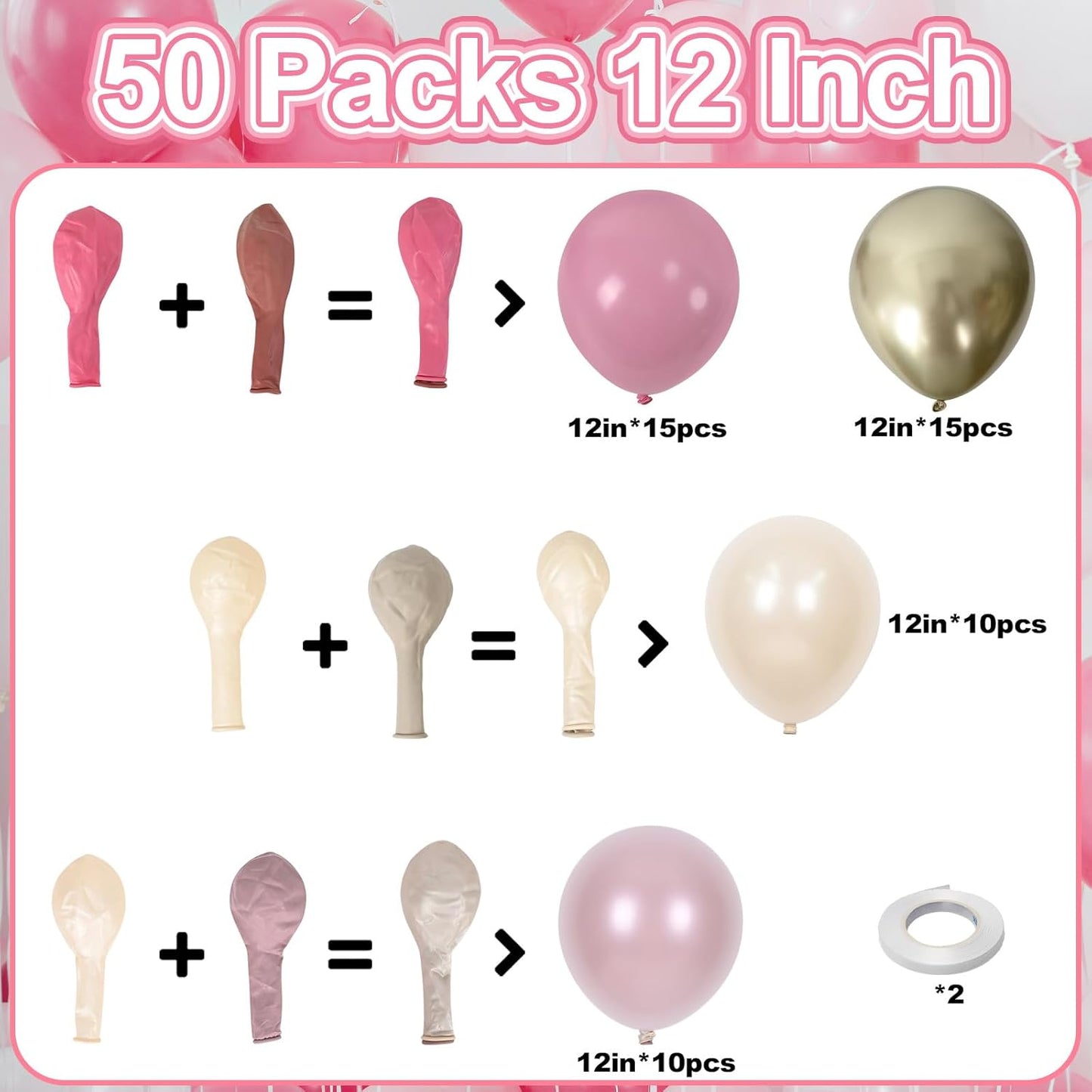 Double Stuffed Pearl Pink Balloons, 50pcs Double Stuffed Dusty Pink Pearl Beige Balloon Gold Balloons for Women Girls Boho Birthday Bridal Baby Shower Wedding Party