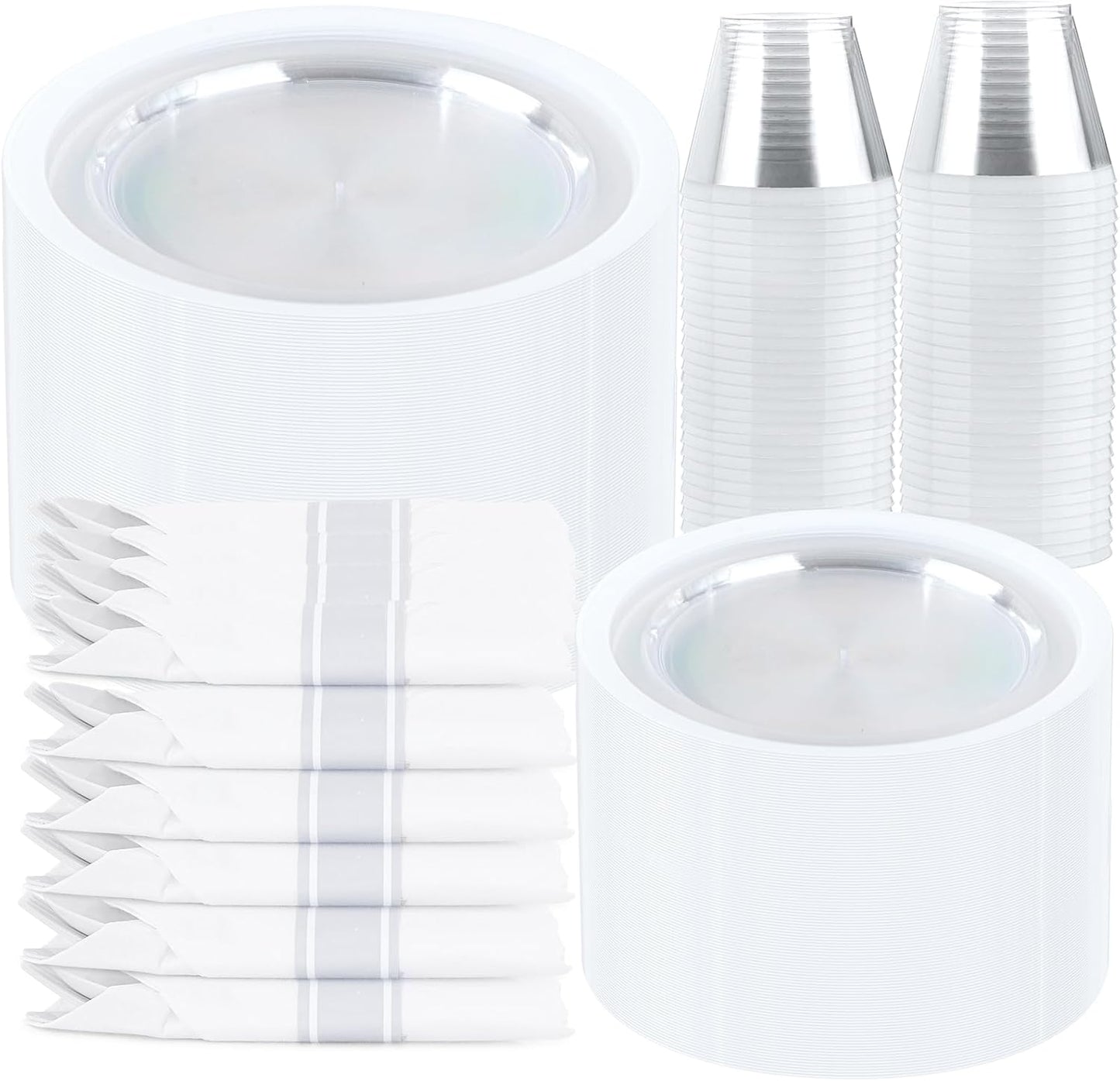 I00000 350 Pcs Clear White Plates for 50 Guests, White Dinnerware Include 100 Plates, 50 Cups, 50 Pre Rolled Napkins with Cutlery Set for Party and Wedding