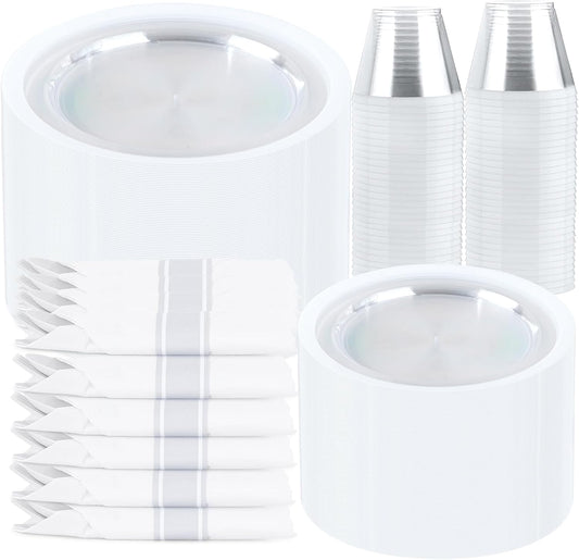 I00000 350 Pcs Clear White Plates for 50 Guests, White Dinnerware Include 100 Plates, 50 Cups, 50 Pre Rolled Napkins with Cutlery Set for Party and Wedding