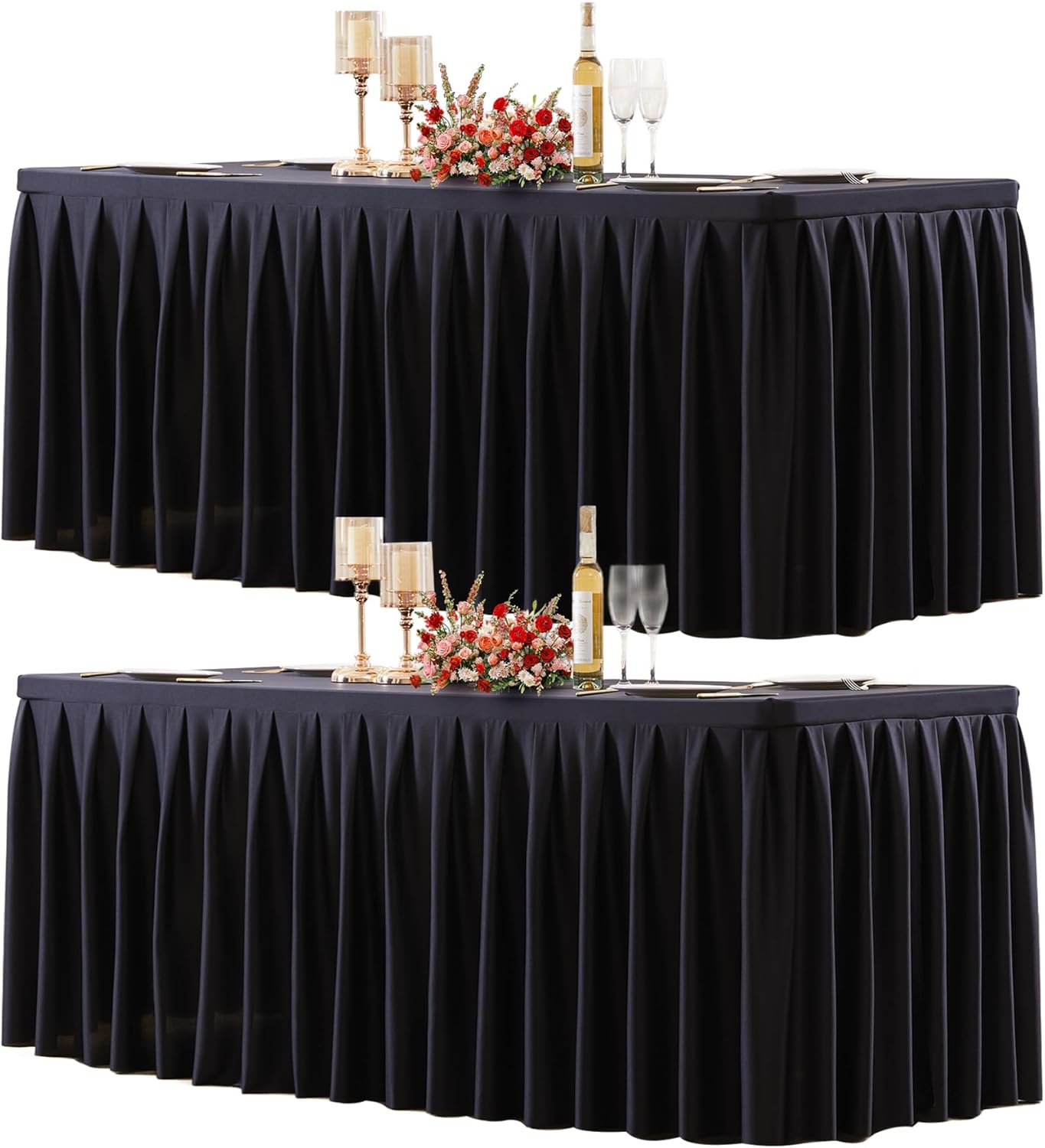 2 Pack Black Rectangle Tablecloth 8 FT Stretch Spandex Fitted Table Cloth for 8 Foot Rectangle Tables Banquet Tablecloths Wrinkle Free Table Cover Skirt Ruffle Tablecloth for Party Wedding Birthday