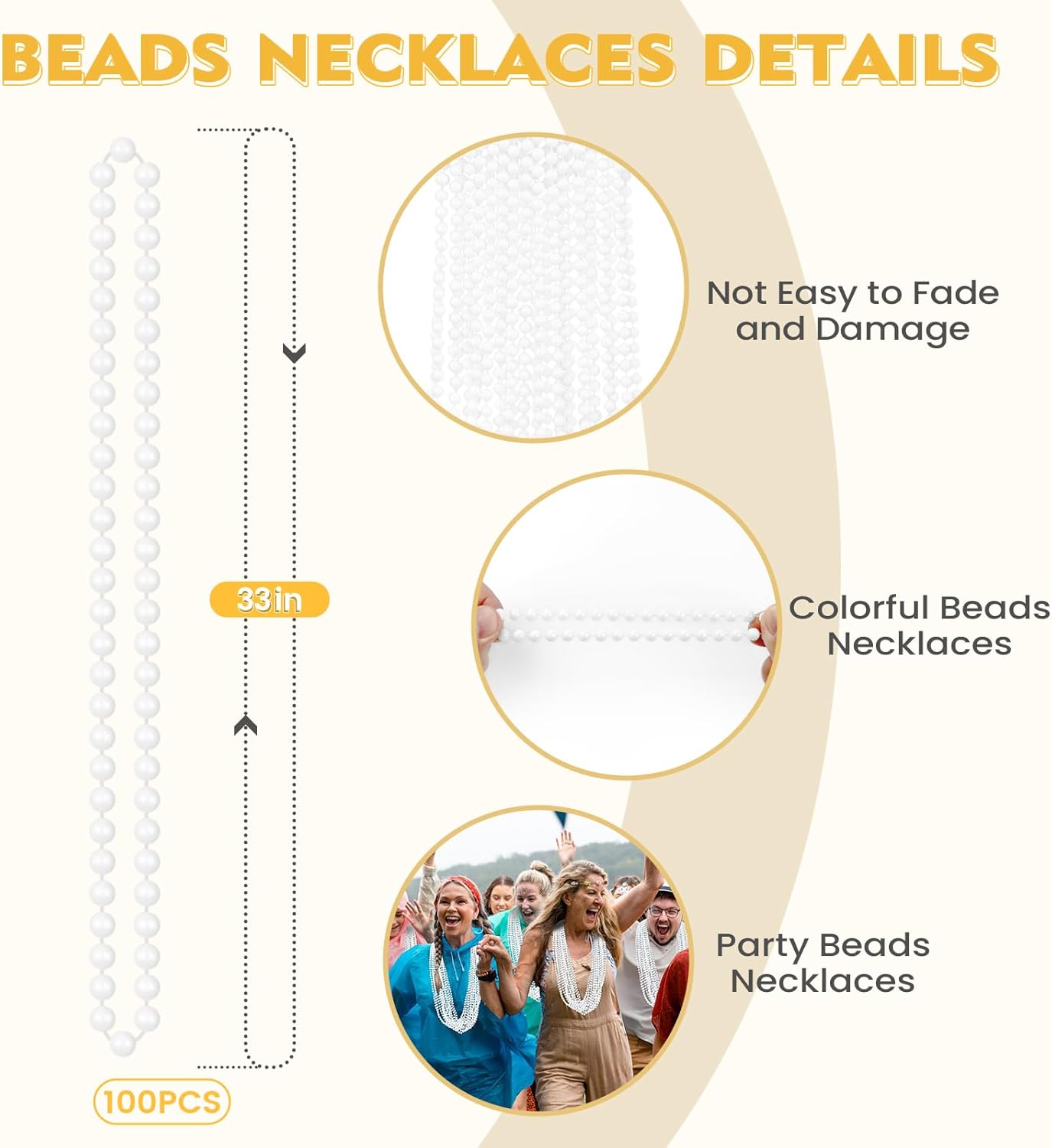 100 PCS White Bead Necklaces, 33" White Mardi Gras Beads, Christmas Beads Necklaces, 4th of July Beads Necklaces, Parade Throws Accessories for Christmas Independence Day New Year Party Favors