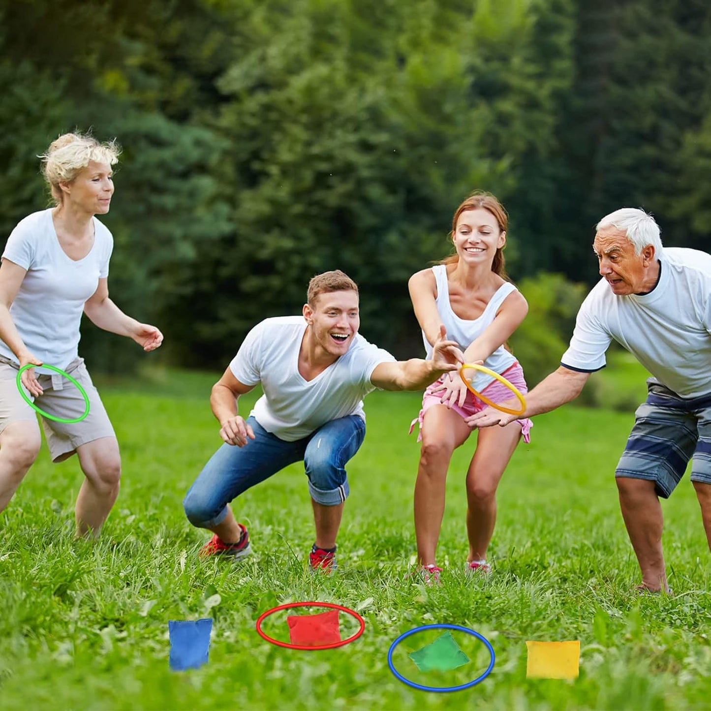 GOLDGE 28 Piece Outdoor Games Kit for Kids, Includes Potato Sack Race Bags, Bean Bag Toss, 3 Legged Race Bands, Egg Spoon Relay, for Easter & Birthday Parties