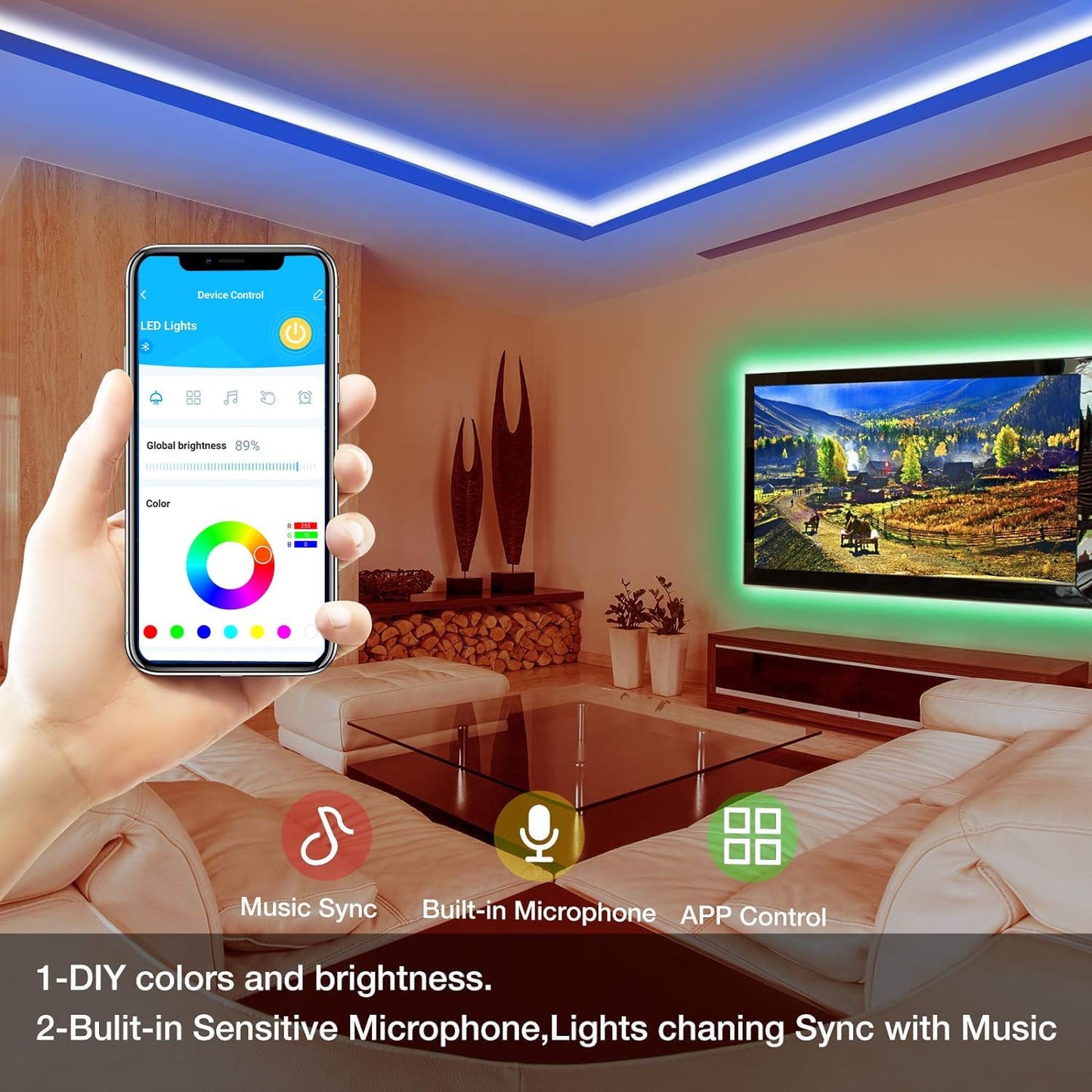 DAYBETTER Smart RGB Led Strip Lights, 50ft Led Lights for Bedroom with App Control, Multicolor Changing Led Light Strips Apply for Home Decor, Living Room, Kitchen, Home Party Decoration, 12V