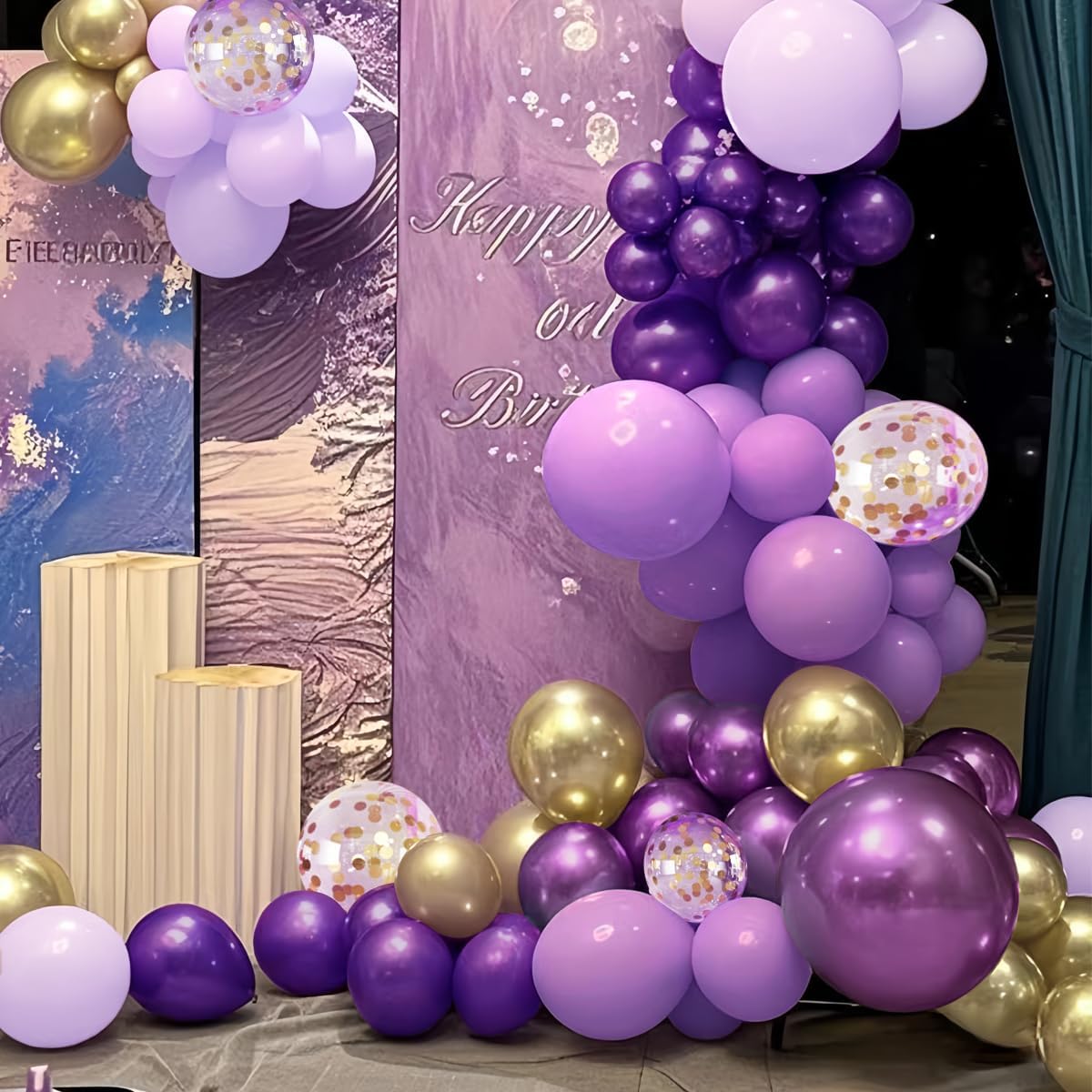 Purple Black and Gold Balloon Arch Kit, 147PCS Latex Balloons Different Sizes 18 12 10 5 inch for Baby Shower Girl Princess Birthday Wedding Engagements Anniversary Party Decoration