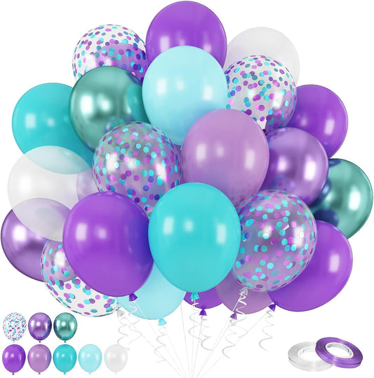 Mermaid Balloons, 60pcs 12 Inch Purple Teal and White Balloon Set with Metallic Purple Green Teal Purple Confetti Balloon, Pearl White Balloons for Birthday Wedding Mermaid Party