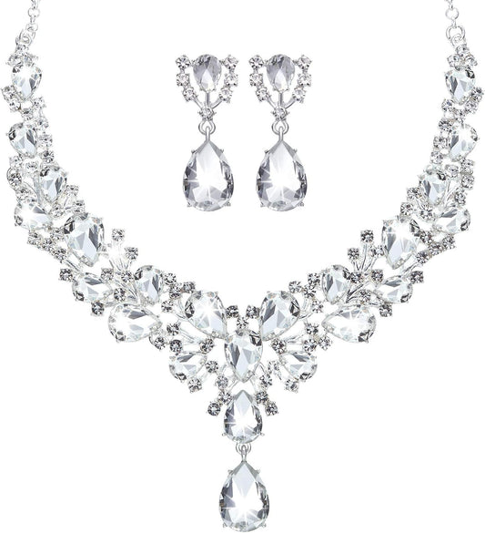 Hicarer Bridal Teardrop Cluster Crystal Jewelry Set for Women Necklace Earrings Wedding