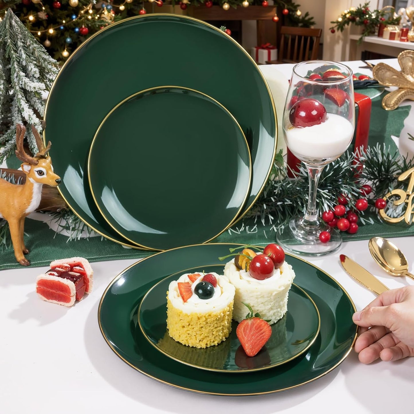 WDF 150Pcs Green Plastic Plates - Green Plates Disposable with Gold Rim - 25Guest Disposable Dinnerware Include 50 Christmas Plastic Plate, 75 Gold Cutlery & 25 9oz Cups for Christmas & Parties
