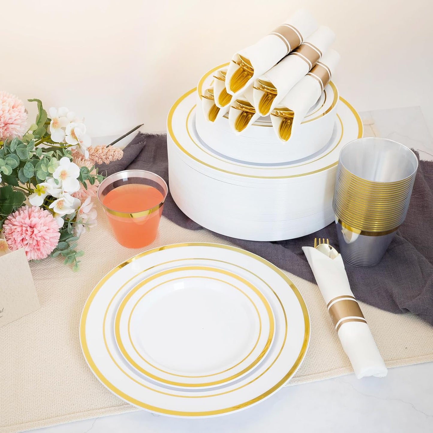 N9R 350 PCS Gold Plastic Dinnerware Set for 50 Guests, Gold Plastic Plates, Disposable Plate for Thanksgiving, Include: 50 Dinner & Dessert Plates, 50 Pre Rolled Napkins with Silverware and 50 Cups