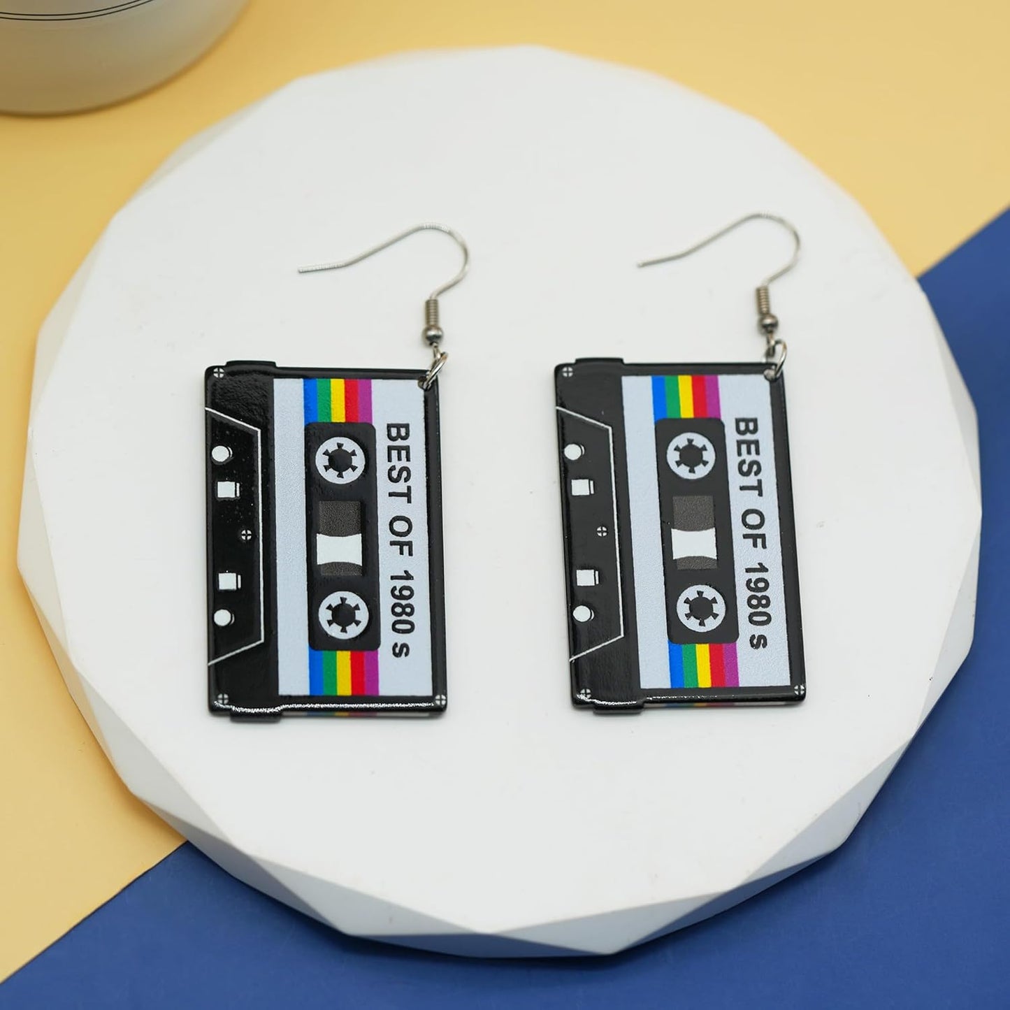 80s 90s Neon Earrings for Women Retro Cassette Tape Hoop Earring Candy Color Lightweight Acrylic Stud Dangle Earrings for 80S Costume Outfits Dancing Glow Party Accessories