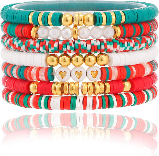 Friendship Bracelets Trendy Heishi Clay Bead Bracelets Stack Gold Beaded Stretch Bracelets for Women Boho Stackable Bracelets Bulk Cute Preppy Jewelry