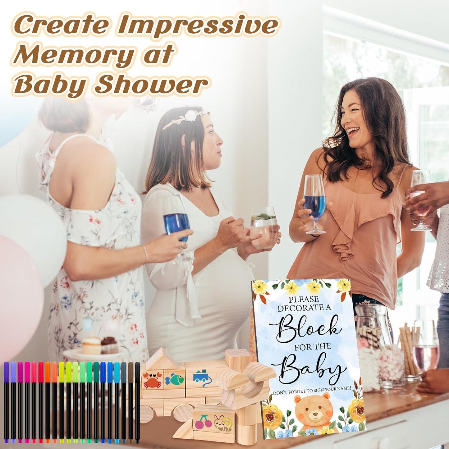 141 Pcs Baby Shower Game Sign Set Includes Decorative Square Signs 100 DIY Blank Wooden Blocks 20 Paint Markers(Bear)