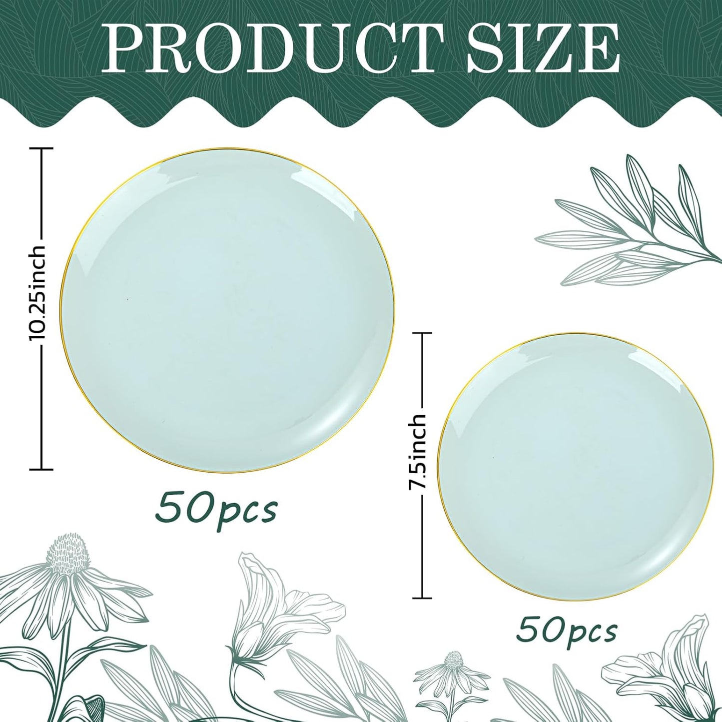 PULOTE 100PCS Sage Green Plastic Plates - Disposable Sage Green Include 50 Dinner / 50 Dessert Plates for Party, Wedding&Easter