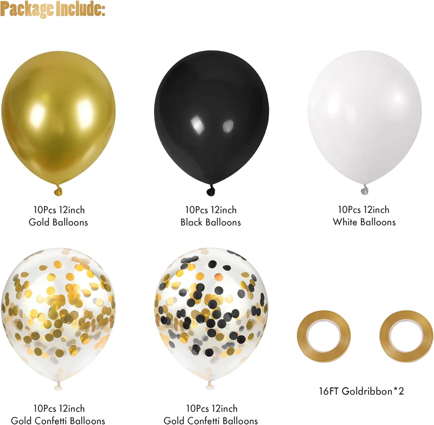 CANREVEL 50pcs 12 Inches Black Gold Confetti Balloons Kit, Metallic Gold and Black White Party Balloons with Ribbons for Birthday, Baby Shower, Graduation, New Year Decorations