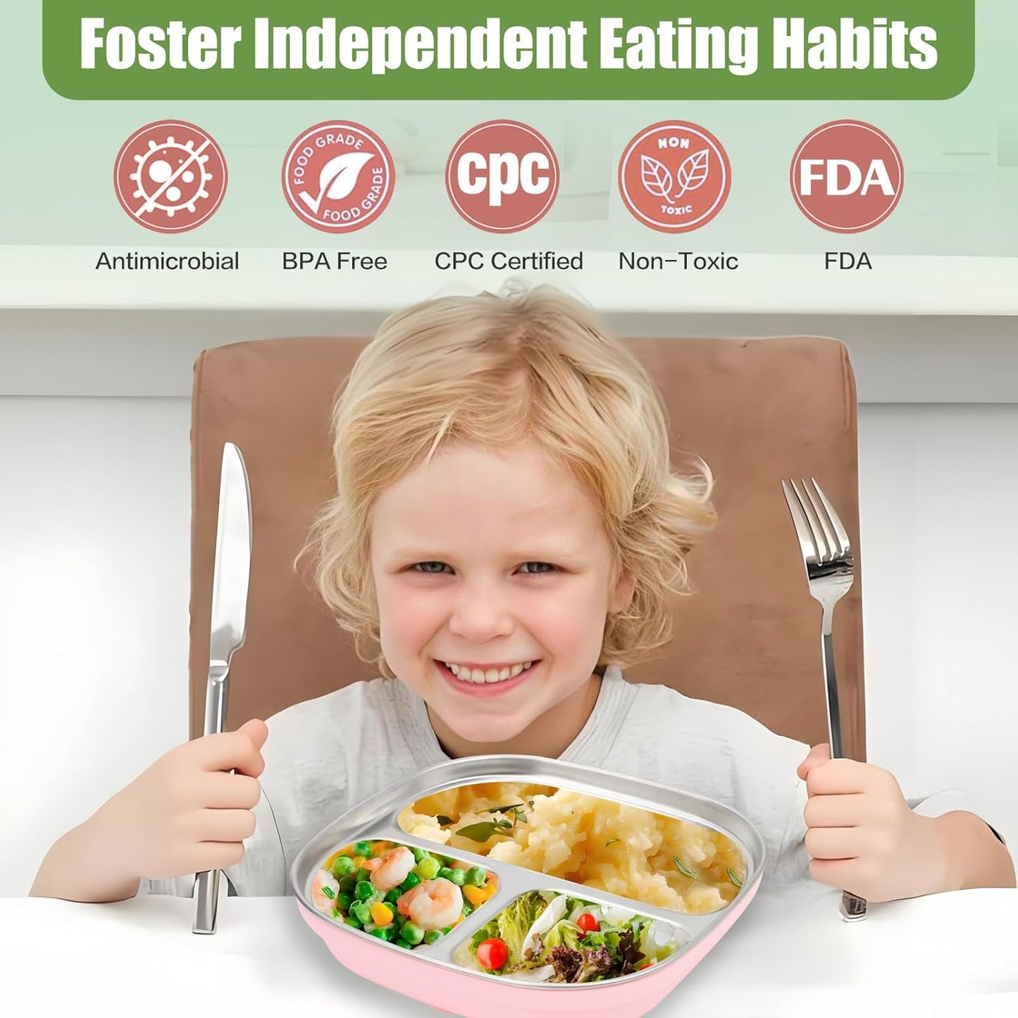 Stainless Steel Toddler Plates with Suction | Non-Slip Divided Baby Plates BPA Free & Non Toxic | Detachable Silicone Base| Dishwasher Safe | Unbreakable Kids Dinnerware 2-pack（Blue + pink）