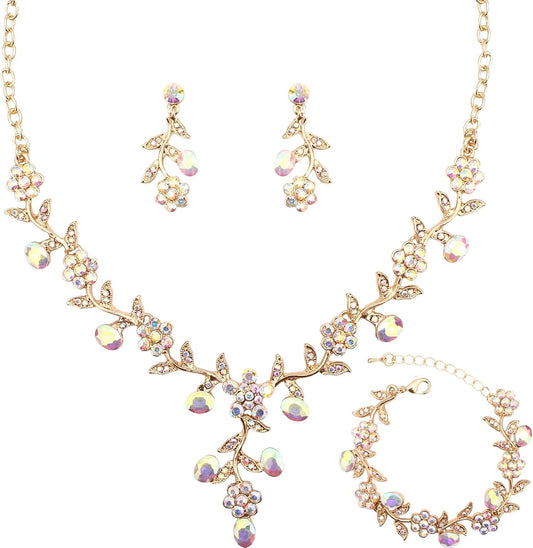 SFE Elegant Austrian Crystal Bridal Bridesmaid Wedding Jewelry Flower Leaf Necklace Dangle Earrings Link Bracelet Jewelry Set for Women