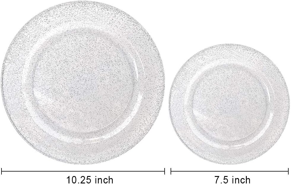 WDF 120PCS Silver Plastic Plates- Disposable Silver Glitter Plates, Premium Heavy Duty 60-10.25" Dinner Plates and 60-7.5" Salad Plates for Christmas Parties &Wedding