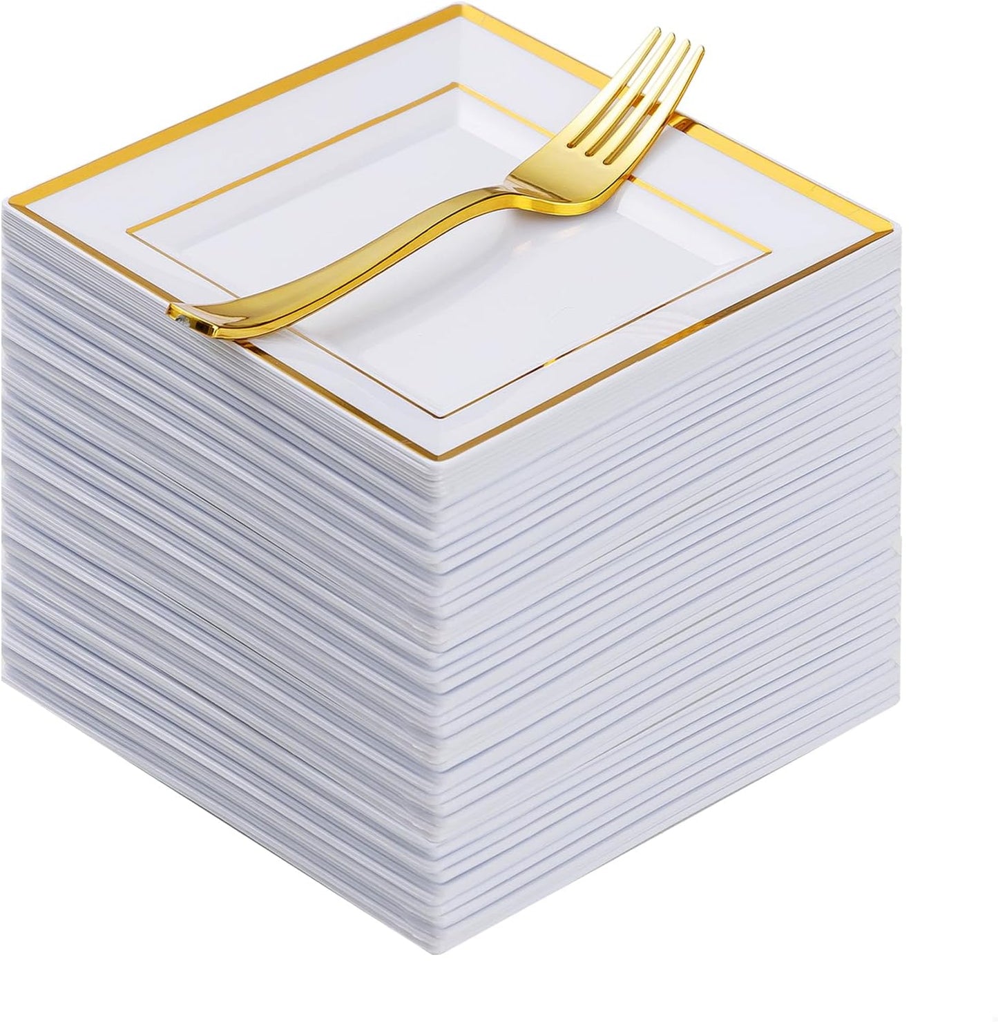 Goodluck 120PCS 6.5" Square Gold Dessert Plastic Plates with 7.4" Forks, Gold Appetizer Plates for 60 Guests, Including 60 Disposable Cake Plastic Plates and 60 Forks for Wedding/Birthday Party