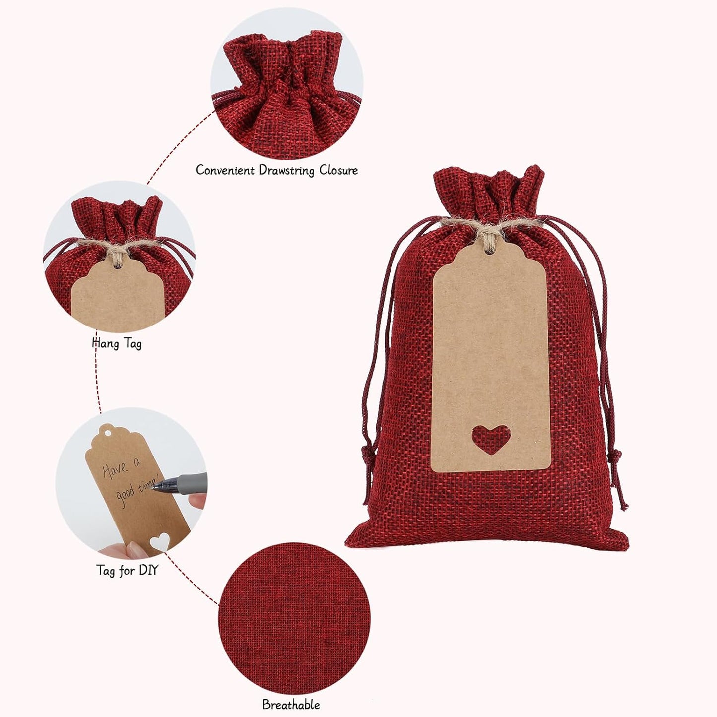 Tapleap Red Small Gift Bags with Drawstring - 30Pcs 4x6 Burlap Sacks for Wrapping Christmas or Thanksgiving Favors, Soap, Jewelry, Crosses Games, Ball Sets, For Small Business, Birthday, Wedding