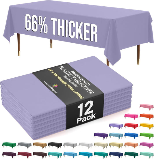 Exquisite 66% Thicker Premium Plastic Table Cloth Rectangle Table Cover 0.5 Mil 12 Pack Lavender Table Cloth 54 Inch x 108 Inch Disposable Tablecloth Won't Tear Easily Like Cheap Thin Brands
