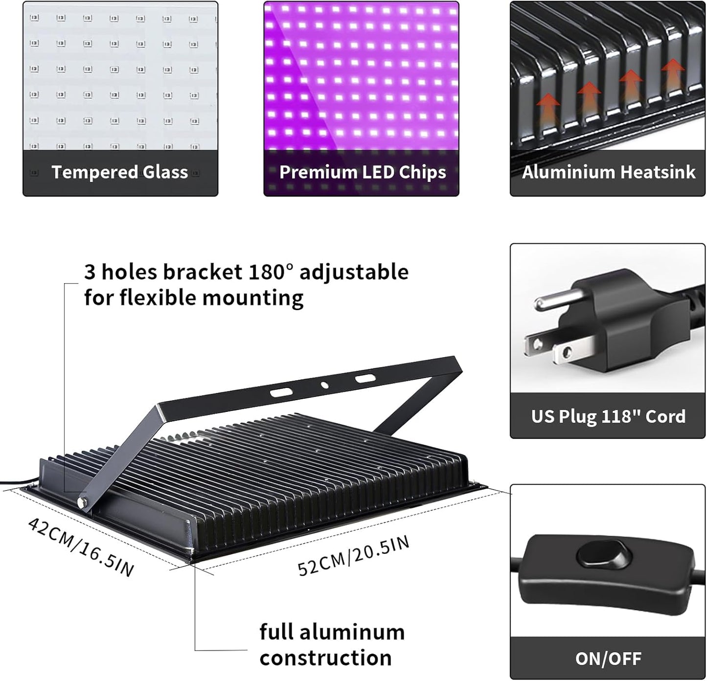 500W Waterproof Blacklight Flood Light with 10ft Cord+Switch, Aluminum Shell, IP66 Outdoor LED Black Lights for Large Space, Glow Party, Halloween, Stage, Aquarium, Poster, Body Paint, 2 Pack
