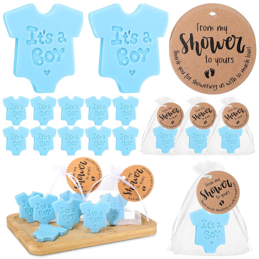 25 Sets Baby Shower Soap Favors for Guests - Boy Girl Mini Handmade Soaps with Thank You Tags and Organza Bags for Shower Gender Reveal Party Favors(Blue,Baby Shirt)