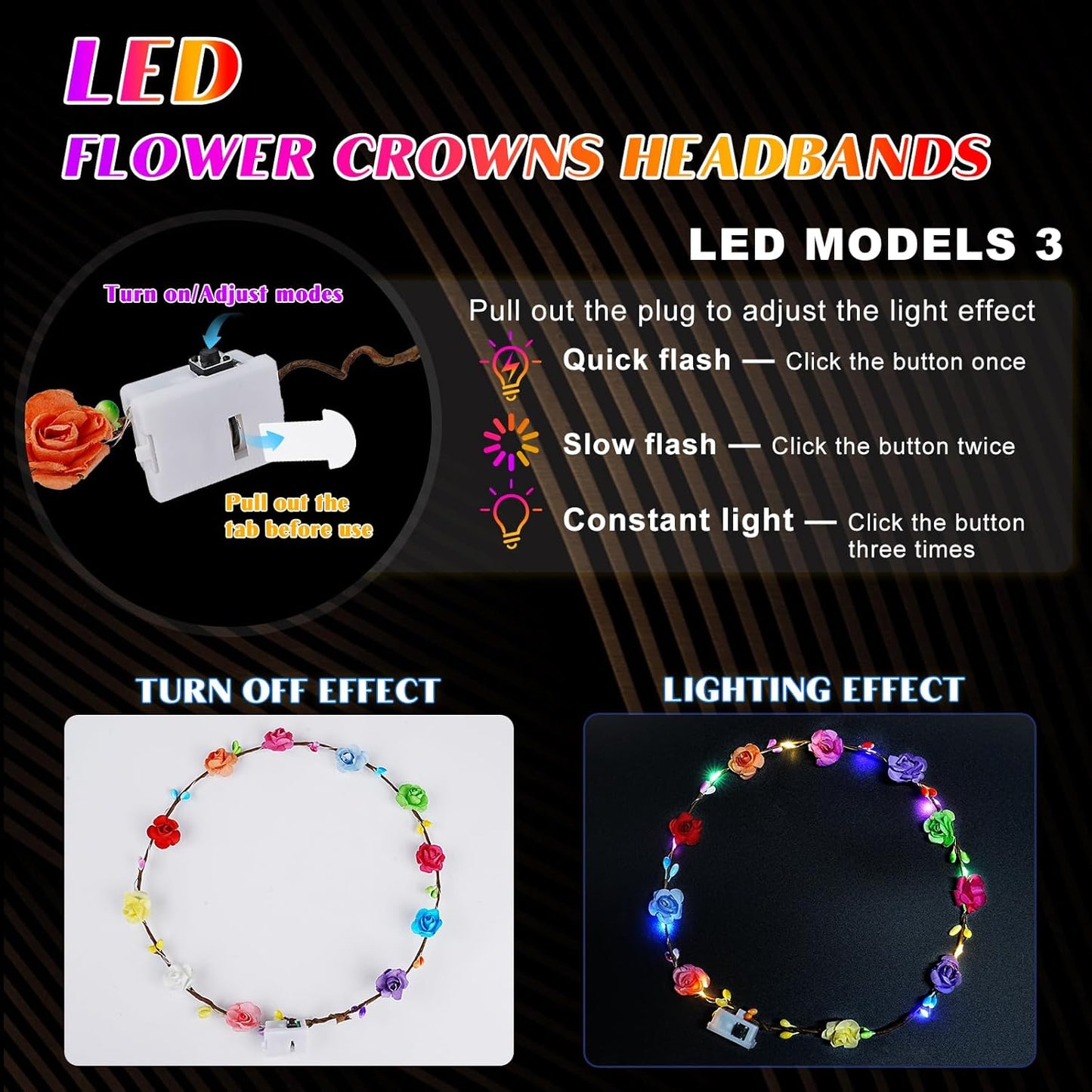 100 PCS LED Flower Crowns Headbands, Light Up Flower Crowns For Women, Glow in the Dark Headband for Wedding Reception Birthday Christmas Mardi Gras Cosplay Princess Party Favors