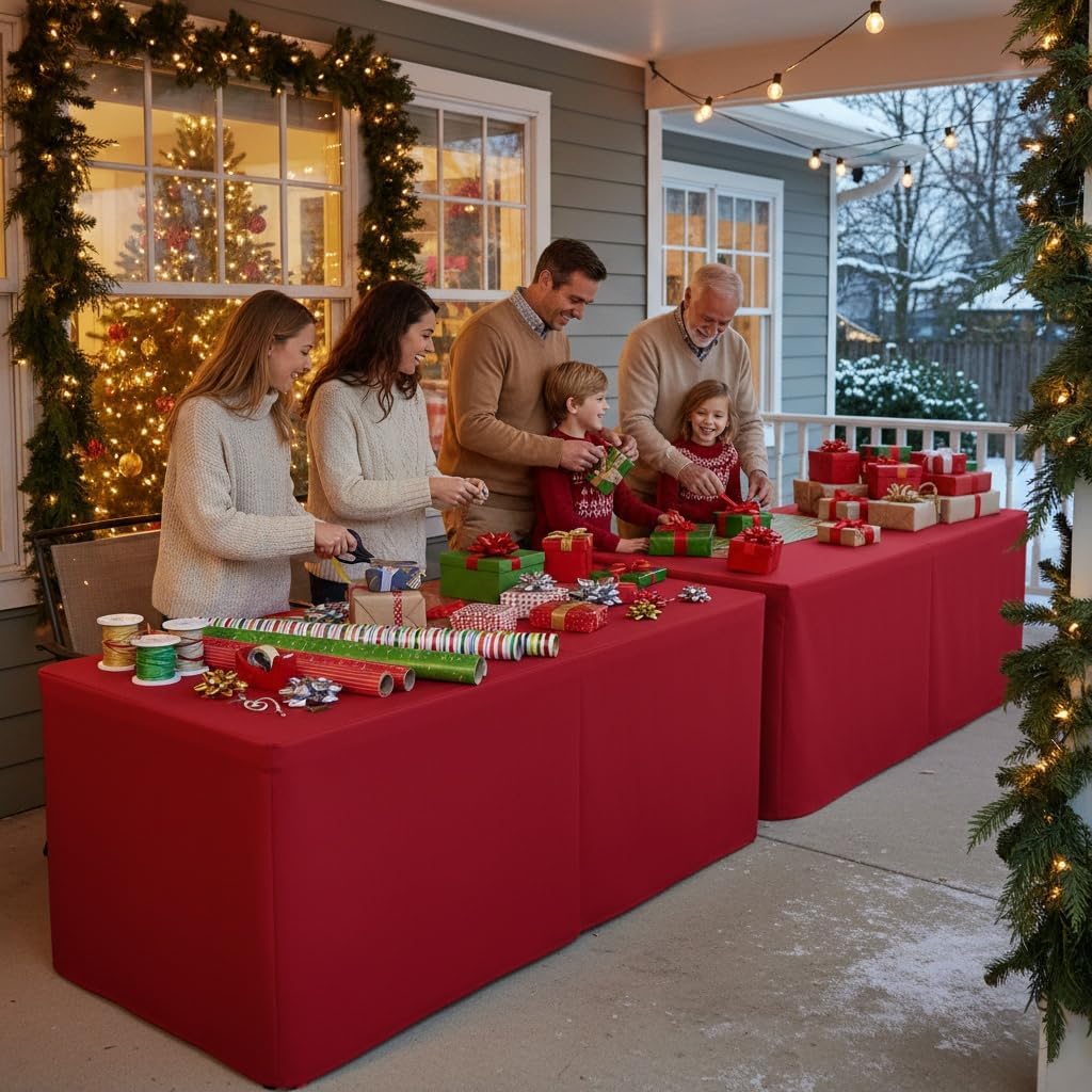 HolidayIdeas 2 Pack Red Fitted Tablecloth for 4ft Tables, 4-Sided Christmas Table Cover for Holiday Markets, Yard Parties, & Gift Tables, Wrinkle-Resistant Washable Xmas Decorations