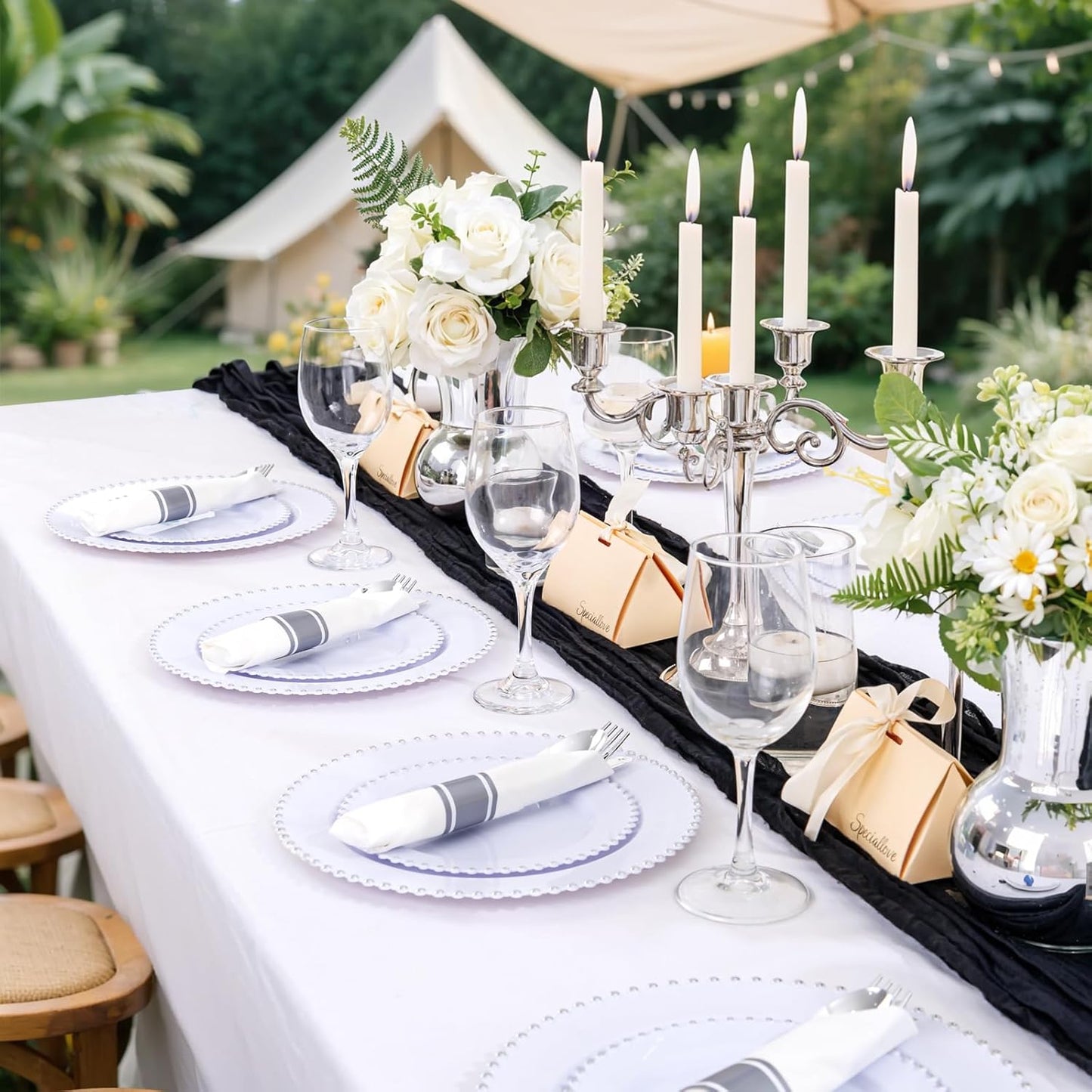 Supernal 100 Pack Silver Plastic Silverware Pre Rolled Silverware Set Disposable Cutlery Set Includes 100 Forks,100 Spoons,100 Knives and 100 Napkins,Plastic Utensils for Party,Wedding,Birthday