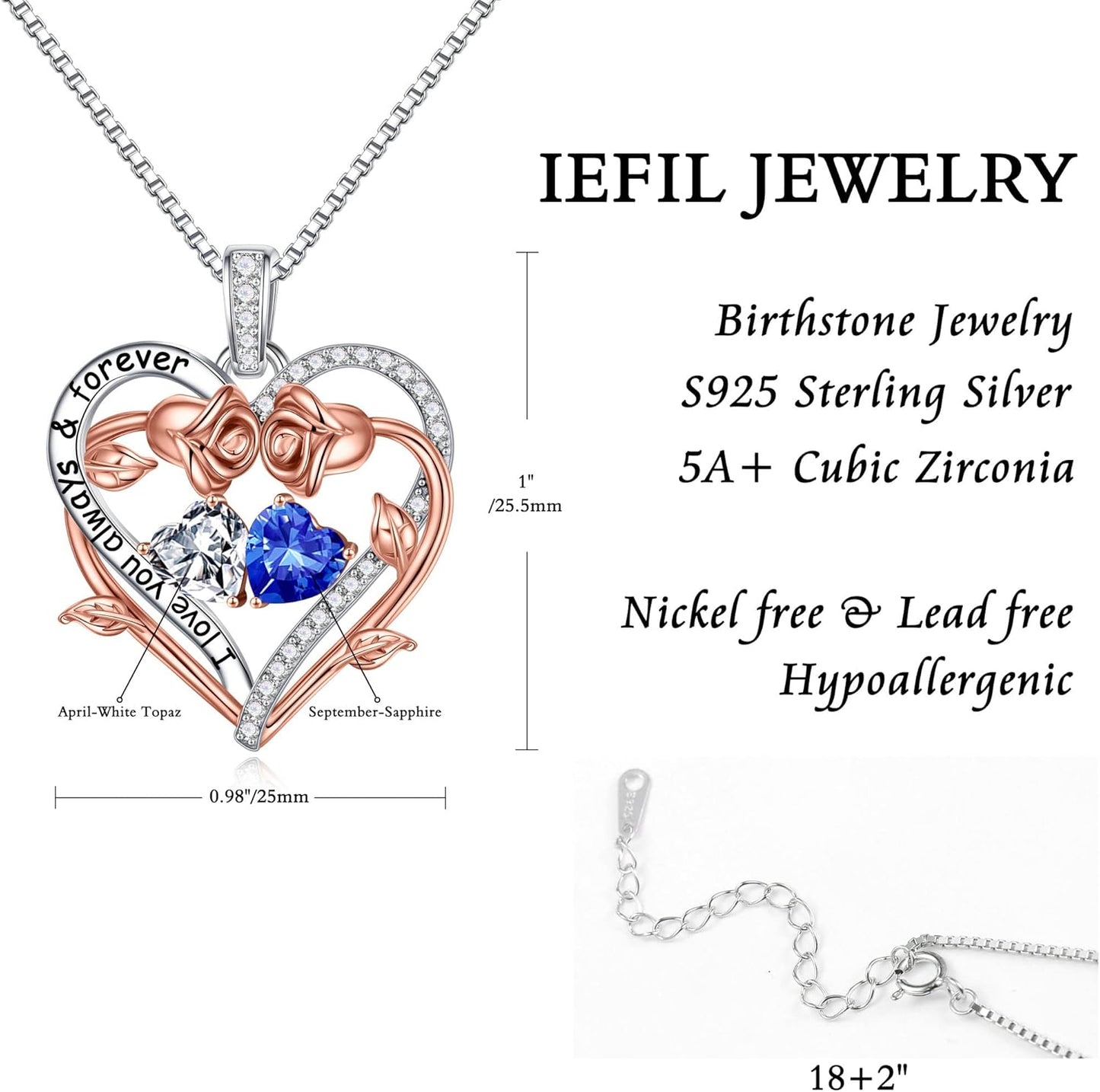 Iefil Rose Heart Double Birthstone Necklace Gifts for Wife Her Mom Women, Birthstone Jewelry Gemstone Birthday Gifts for Girlfriend Grandma Her Wife Women