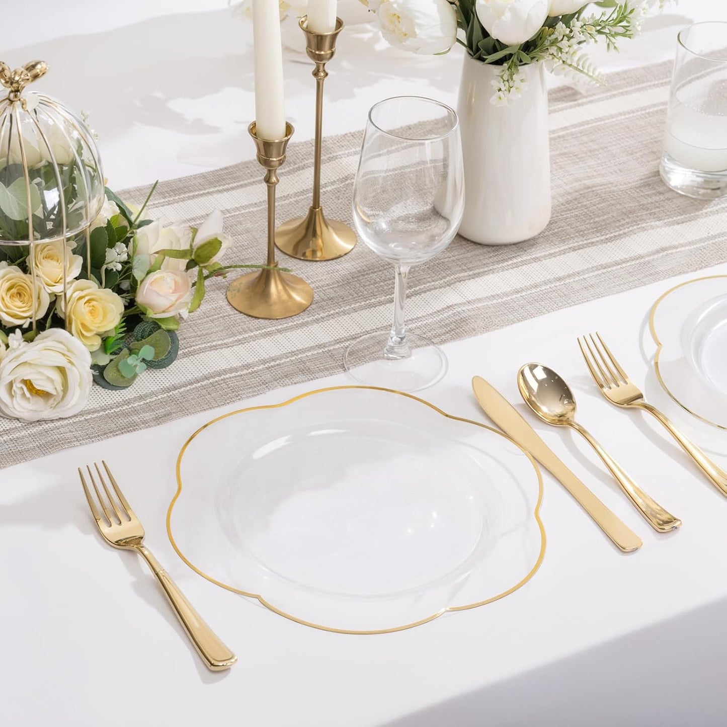 Liacere 100PCS Clear Plastic Plates - Clear and Gold Disposable Dinner Plates - 10inch Heavy Duty Gold Dinner Plates, Perfect for Wedding & Party & Holiday & Fall & Thanksgiving