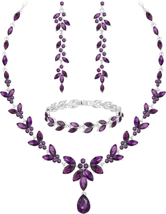 Wedding Jewelry Sets for Bride Bridesmaid Bridal Jewelry Set for Women Wedding Crystal Necklace Earrings Bracelet Set for Party Prom Jewelry