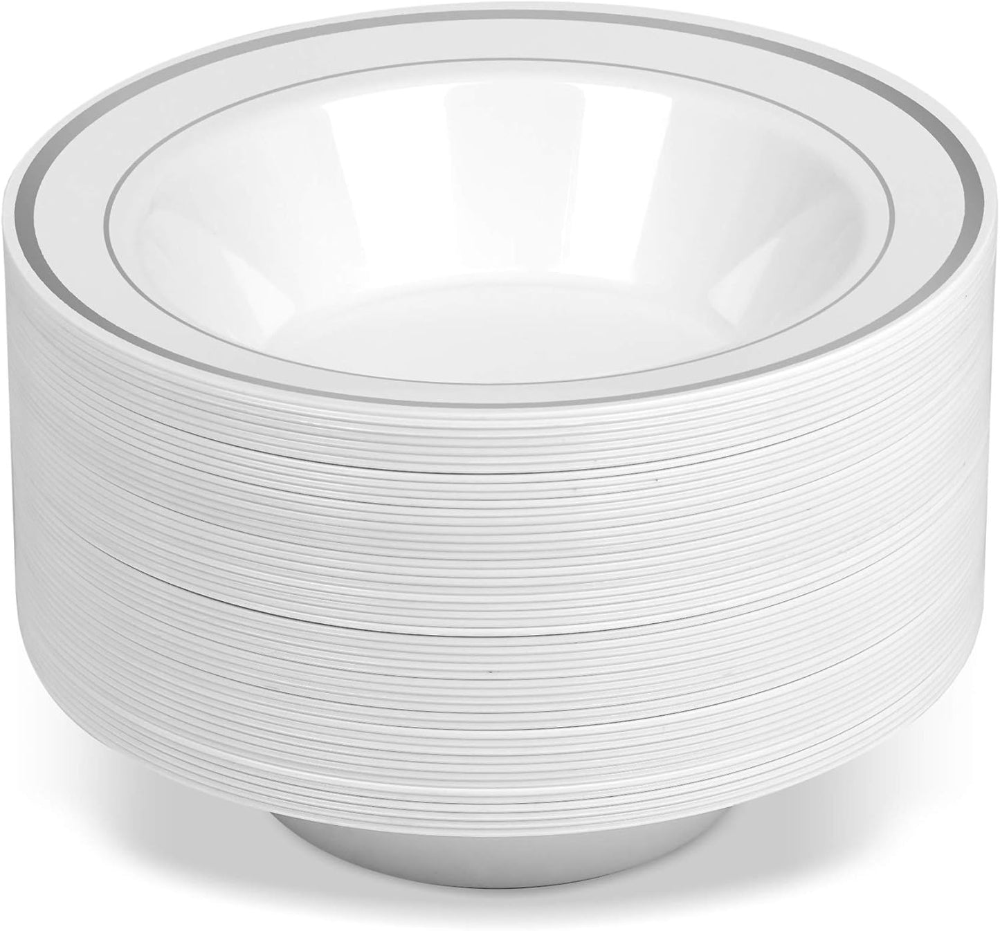 BloominGoods 50 Disposable White Silver Rimmed Plastic Soup Bowls | 14 oz. Premium Heavy Duty Disposable Dinnerware with Real China Design | Safe & Reusable (50-Pack White/Silver Trim)